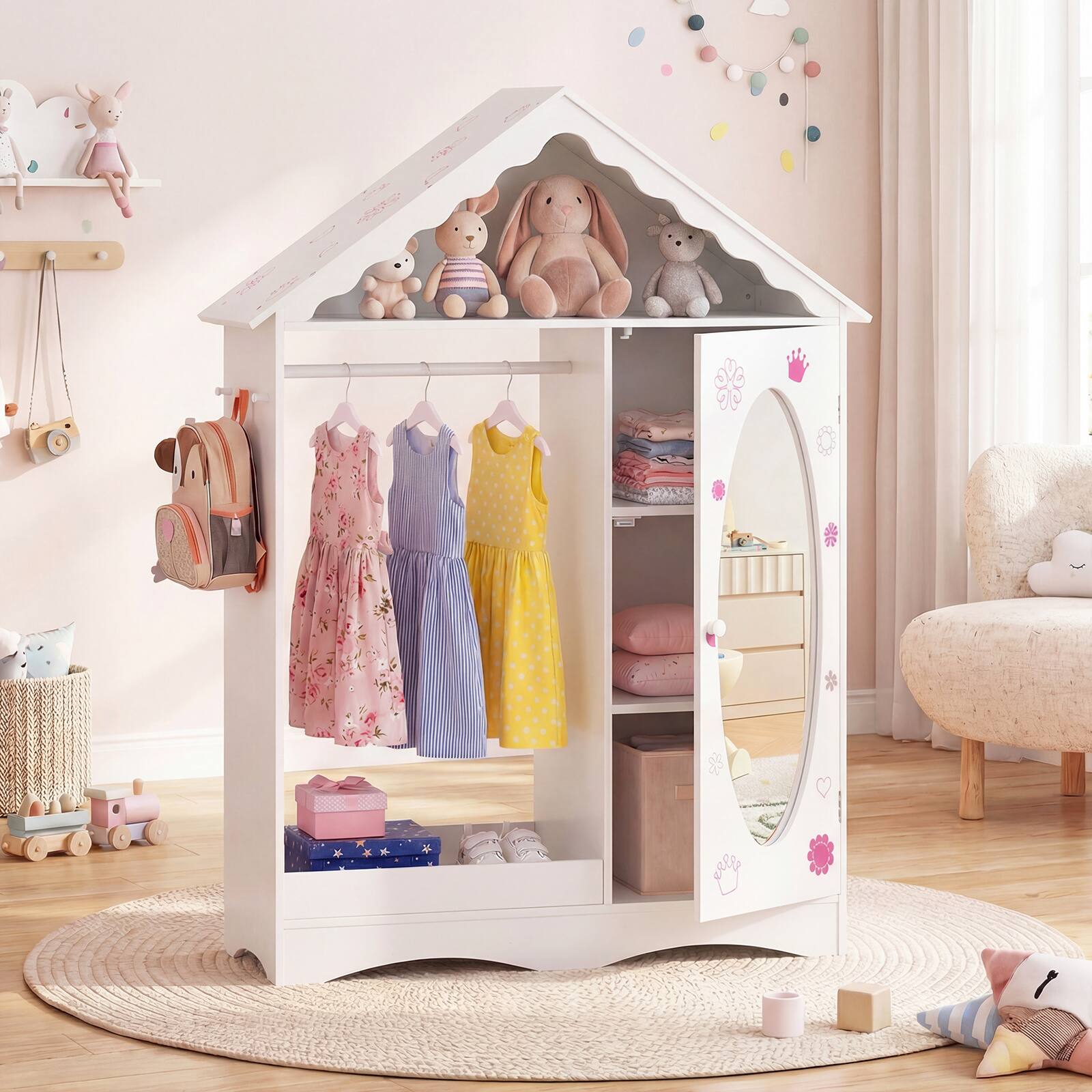 Alt View 1. Gymax - Gymax Kids Dress Up Storage w/ Mirror Roofed Wardrobe Closet w/ Open Hanging Rack White - White.