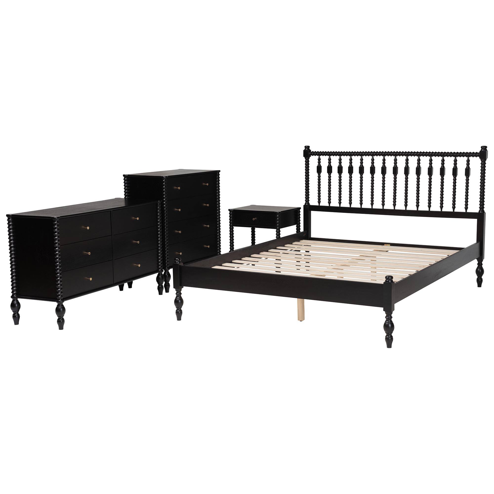 Angle. Baxton Studio - Denita Spindle 4-Piece Bedroom Set - Farmhouse Platform Bed with Matching Dresser, Chest, and 1-Drawer Nightstand, Full - Black.