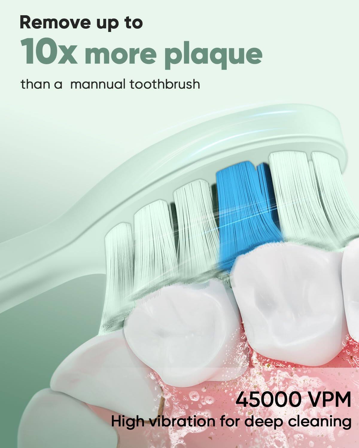 Remove up to 10x more plaque than a manual toothbrush

45000 VPM
High vibration for deep cleaning