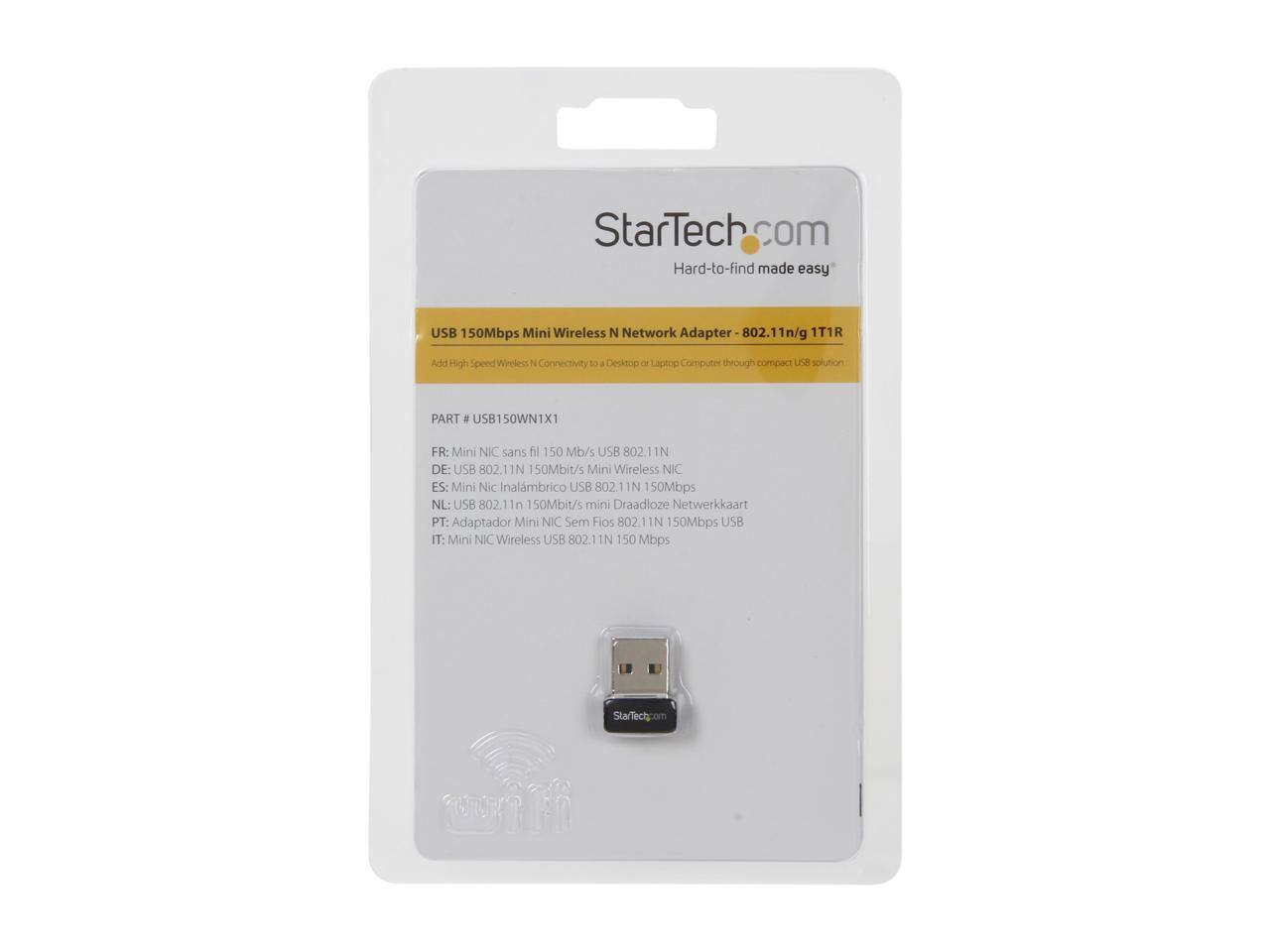 StarTech.com Hard-to-find made easy USB 150Mbps Mini Wireless N Network Adapter 802.11n/g 1T1R Add High Speed Wireless Connectivity to Desktop or Laptop Computer through compact USB solution PART # USB150WN1X1

FR: Mini NIC sans fil 150 Mb/s USB 802.11N  
DE: USB 802.11N 150Mbit/s Mini Wireless NIC  
ES: Mini Nic Inalámbrico USB 802.11N 150Mbps  
NL: USB 802.11n 150Mbit/s mini Draadloze Netwerkkaart  
PT: Adaptador Mini NIC Sem Fios 802.11N 150Mbps USB  
IT: Mini NIC Wireless USB 802.11N 150 Mbps  

StarTech.com