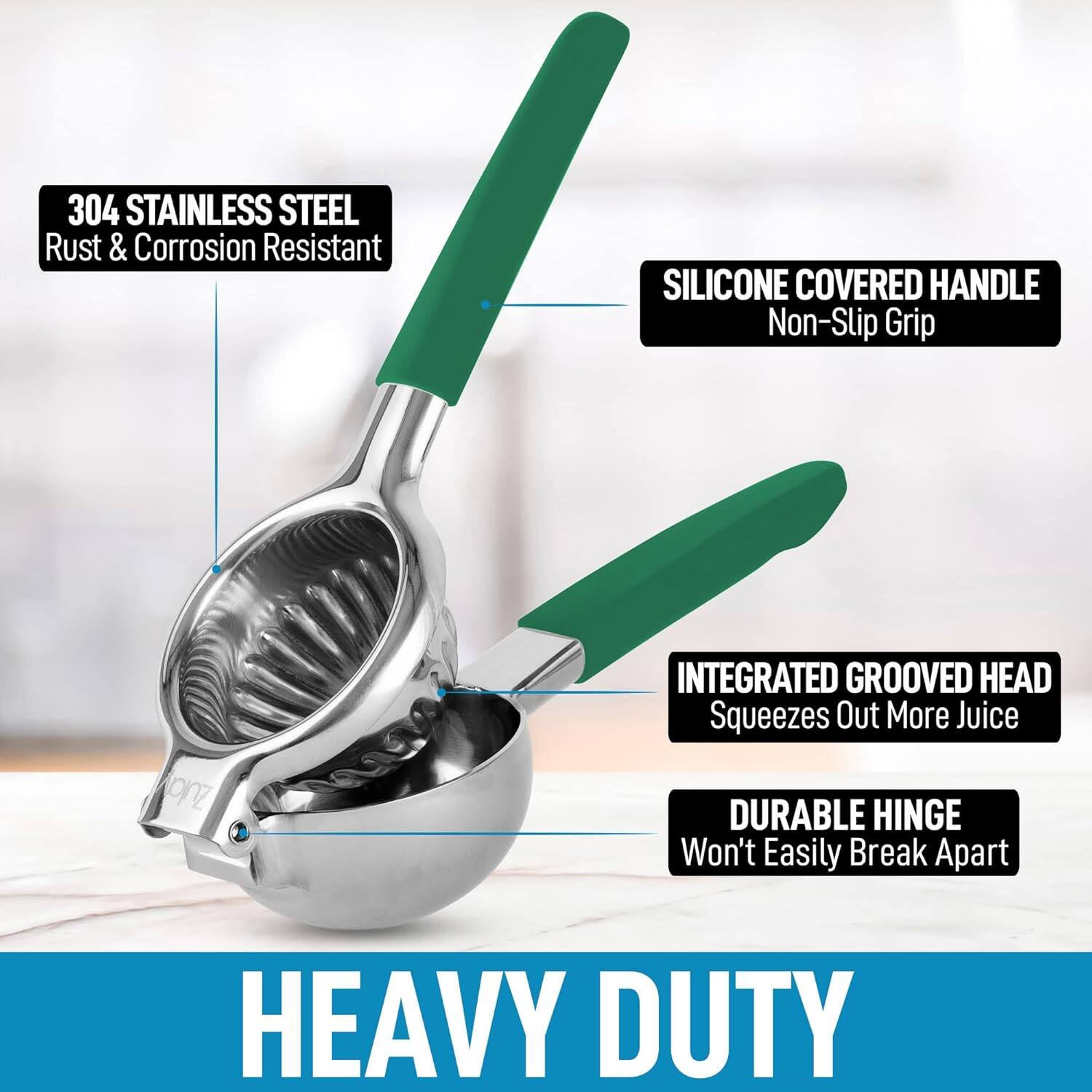 304 STAINLESS STEEL Rust & Corrosion Resistant, SILICONE COVERED HANDLE Non-Slip Grip, INTEGRATED GROOVED HEAD Squeezes Out More Juice, DURABLE HINGE Won't Easily Break Apart, HEAVY DUTY