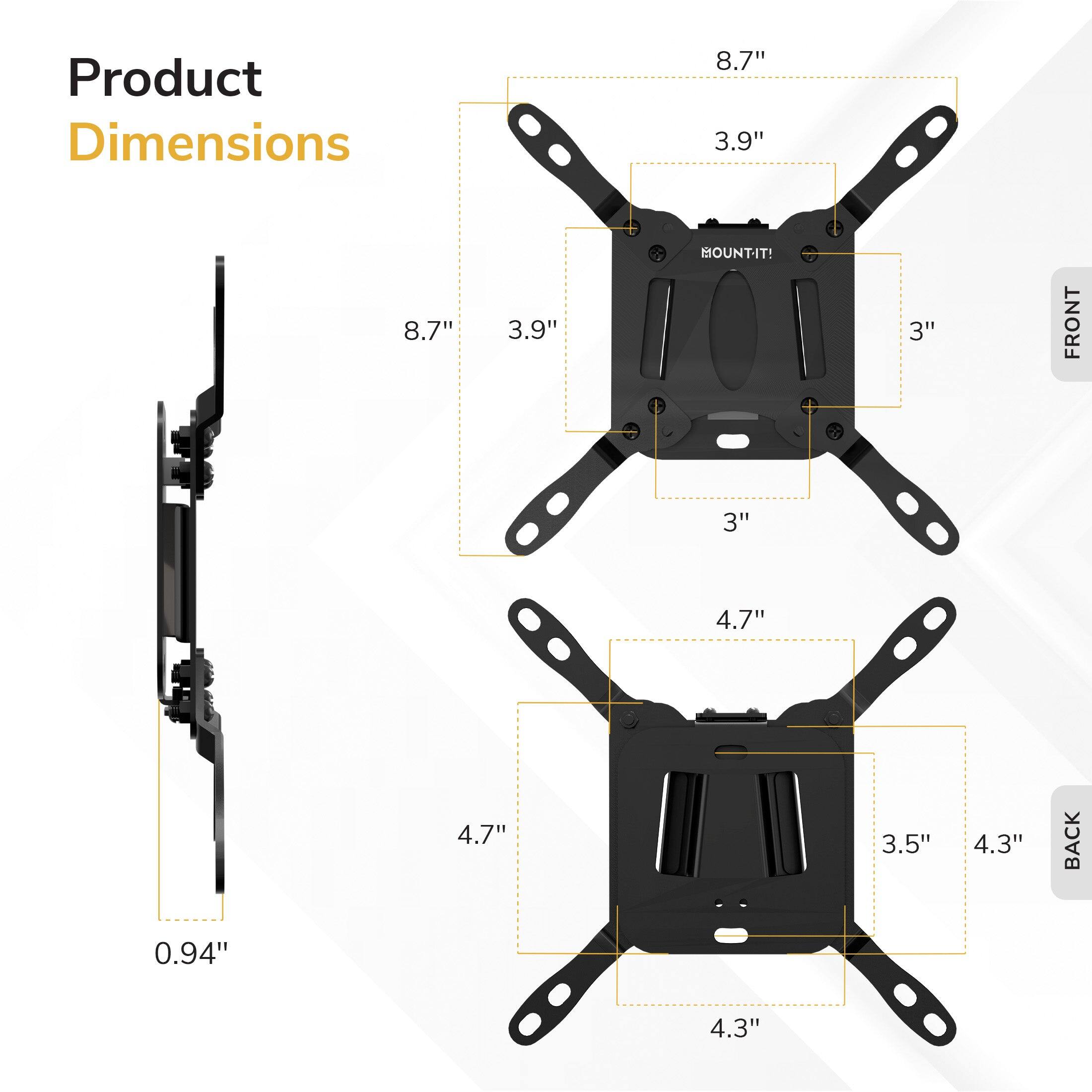Product Dimensions:  
- 8.7" x 3.9"  
- 8.7" x 3.9"  
- 3" (Front)  
- 4.7" x 4.7"  
- 3.5" x 4.3" (Back)  
- 0.94"