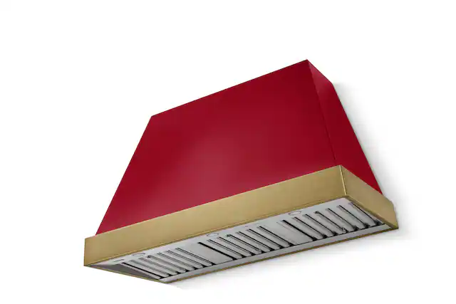 Front. AGA - AGA Euclid 48 x 30 Hood 1200 CFM_Piccadilly Red_ w. Antique Brass Trim - Piccadilly Red.