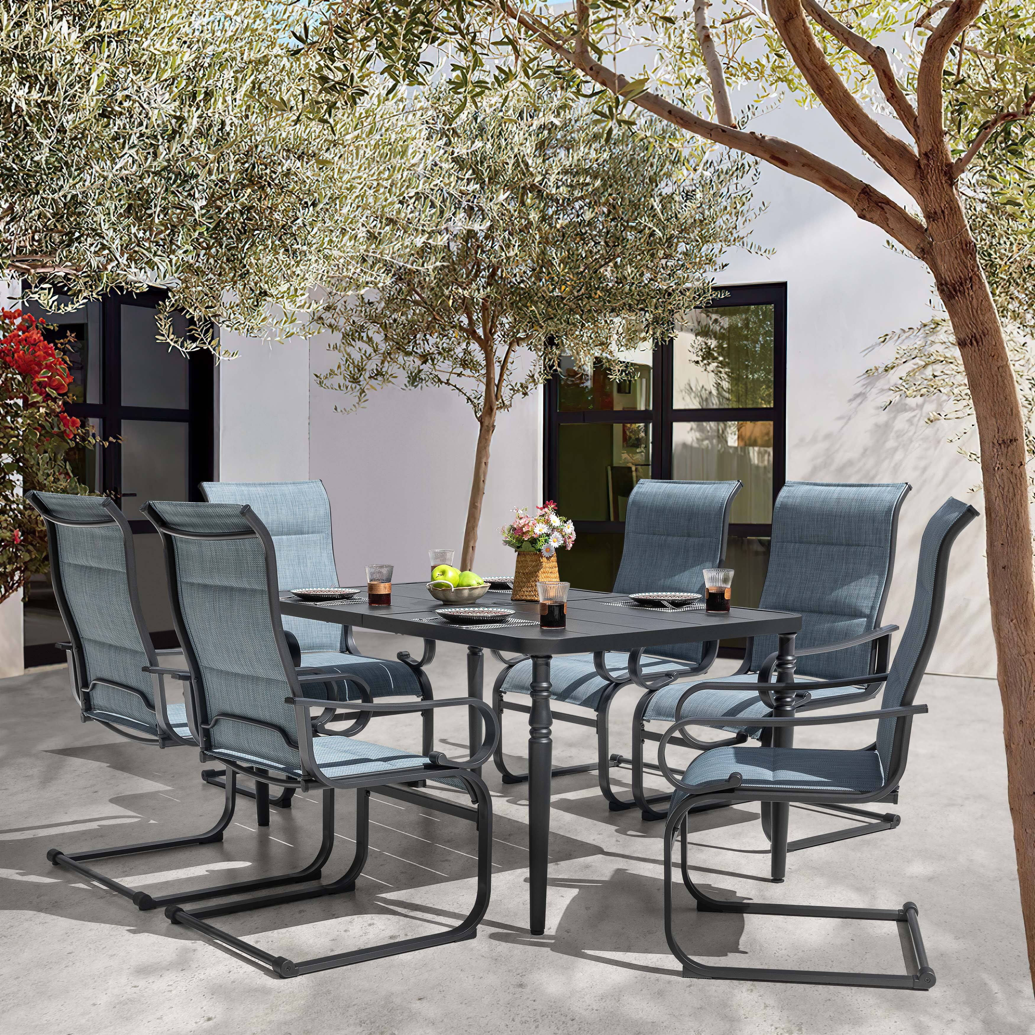 Alt View 1. Nuu Garden - Outdoor 7-Piece Padded Textilene Metal Dining Set with 1.6'' Umbrella Hole - Black and Blue.