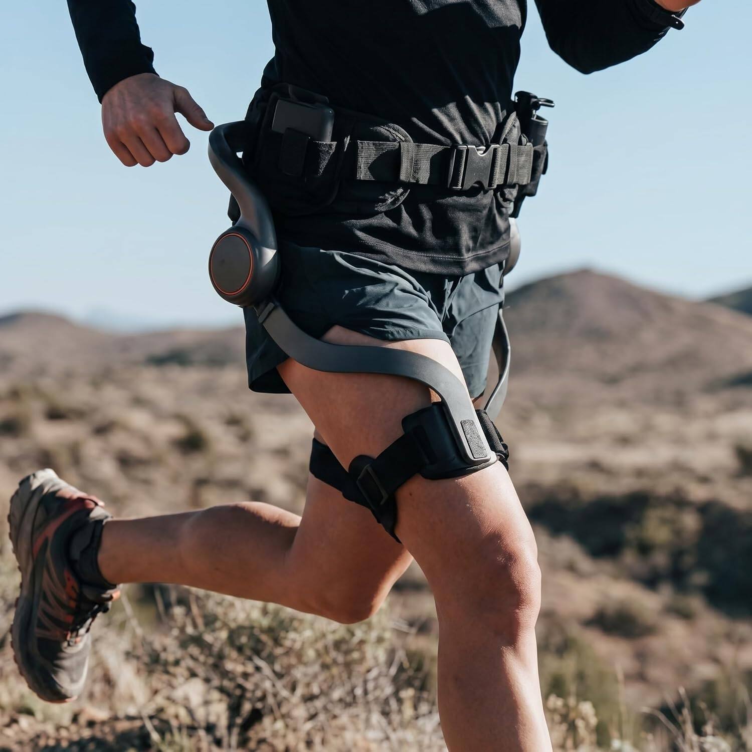 Angle. AstroShell - Wearable Exoskeleton, 1000W Peak Power, Leg Assist, AI Active System, IP54 Protection, 15 Mile Battery Range  for Hiking - Black.