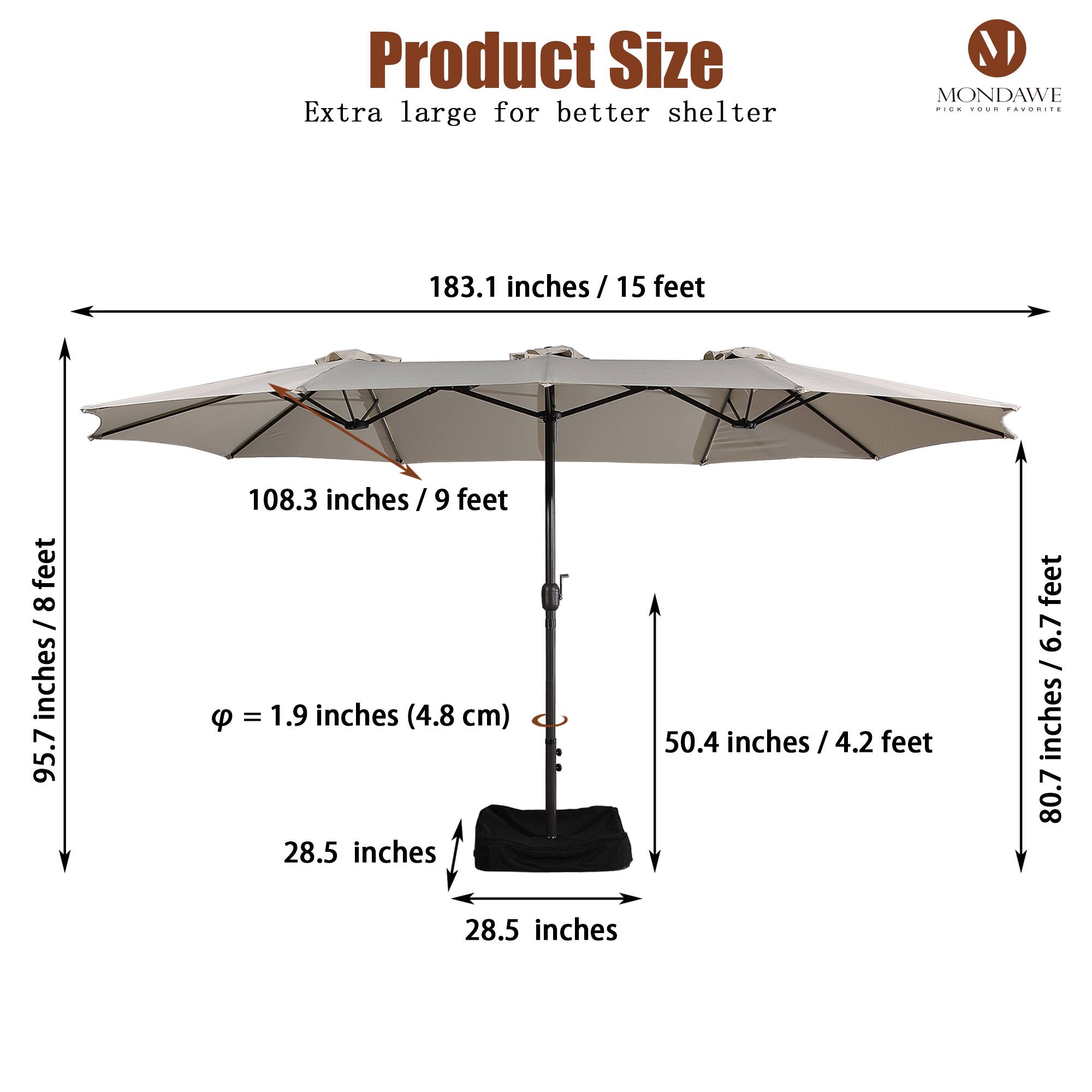 Product Size  
Extra large for better shelter  

- 183.1 inches / 15 feet  
- 108.3 inches / 9 feet  
- 95.7 inches / 8 feet  
- 50.4 inches / 4.2 feet  
- 80.7 inches / 6.7 feet  
- 28.5 inches  
- 28.5 inches  
- φ = 1.9 inches (4.8 cm)