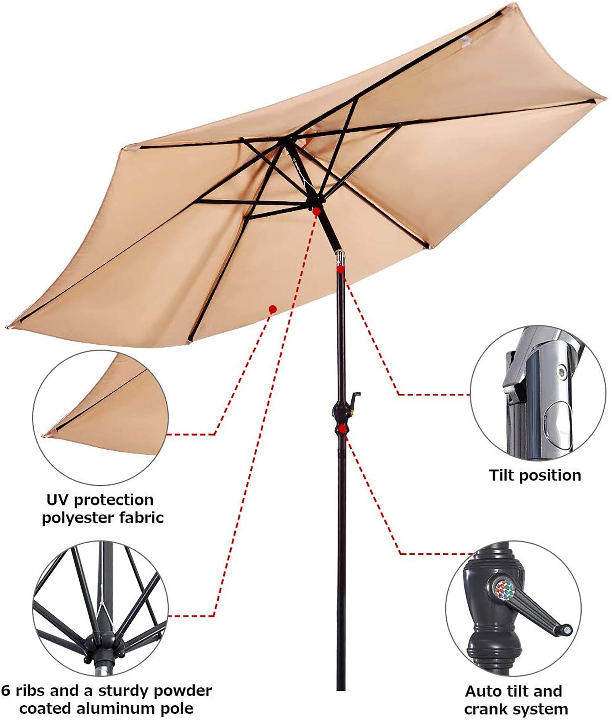 UV protection polyester fabric  
Tilt position  
6 ribs and a sturdy powder-coated aluminum pole  
Auto tilt and crank system