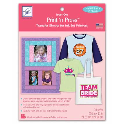 VALUE PACK 10 Sheets Tailor Iron-On June Taslr. lac Print 'n Press Transfer Sheets for Ink Jet Printers MAD USA Jordan 27 Sophia Create personalized apparel and crafts with photos and graphics using your computer and color ink jet printer. Ideal for white and very light color fabrics in cotton or poly/cotton blends. Machine wash and dry (see instructions for details). Watch our video for easy-to-follow instructions. TEAM Aohi BRIDE LAS VEGAS WEEKEND 10 pc/pz 81/2 in X 11 in 21.59 cm X 27.94 cm