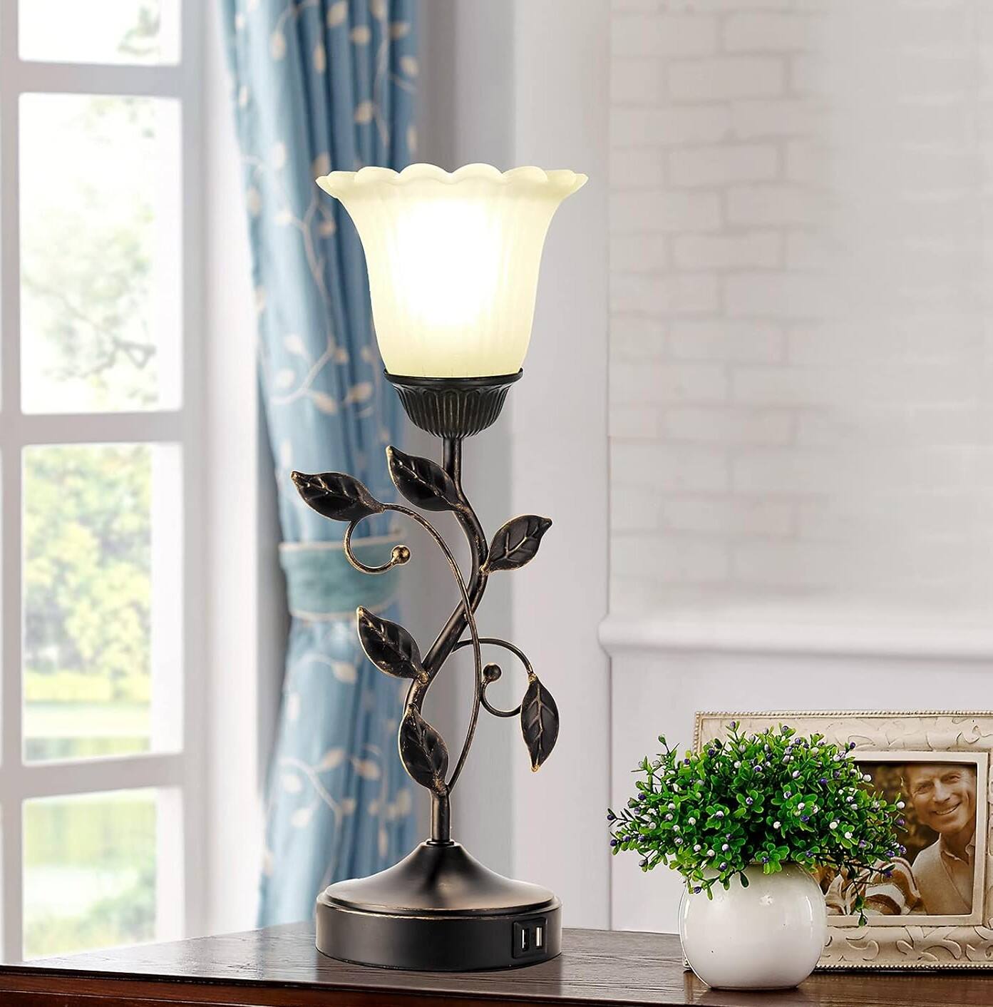 Alt View 3. FINEAK - Vintage Table Lamp with Touch Control & Dual USB Charging - 1 Pack - Black + White Glass.