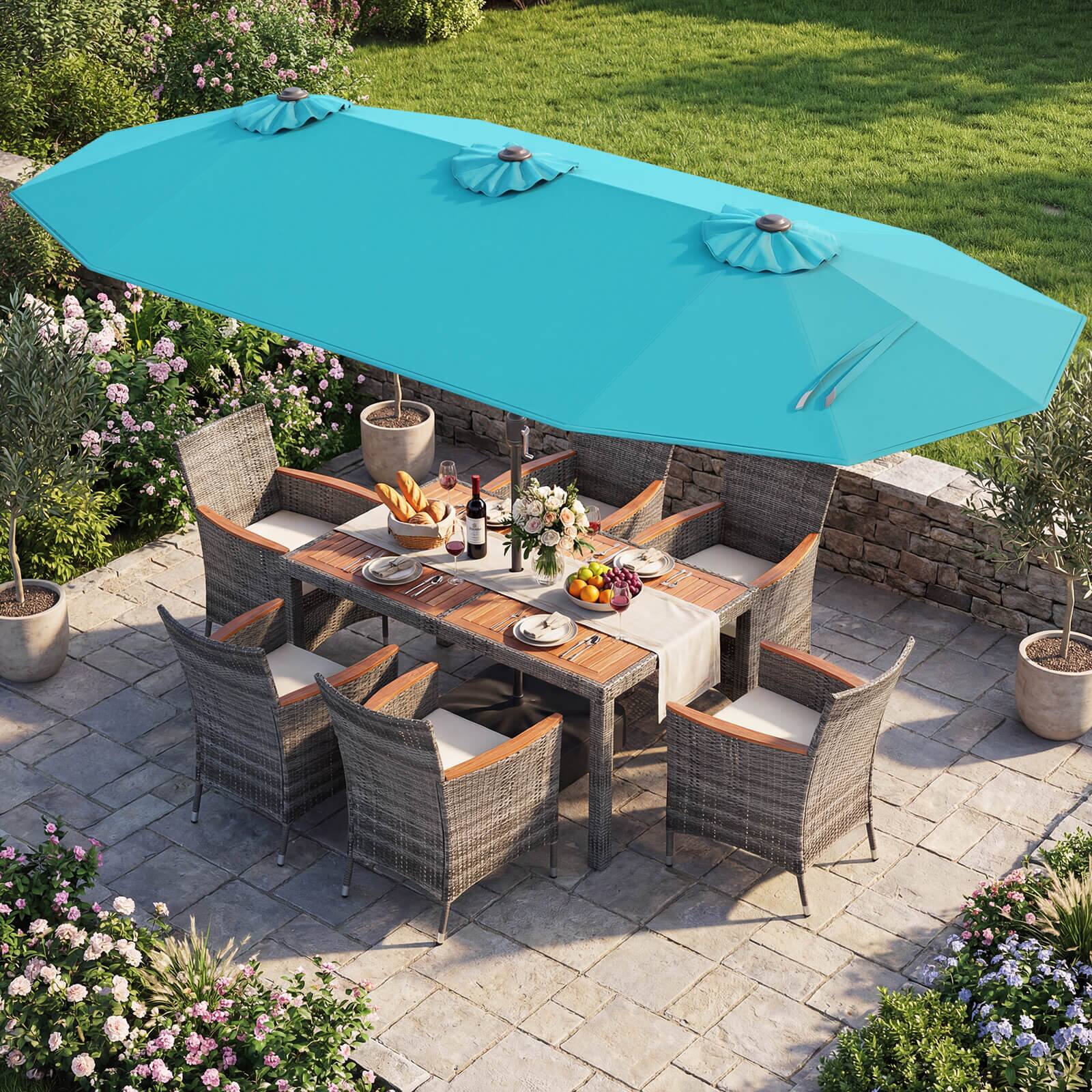 Alt View 3. Costway - Costway 8 PCS Outdoor Wicker Dining Furniture & Double-Sided Umbrella with Solar LED Lights - Turquoise+Mix Gray.