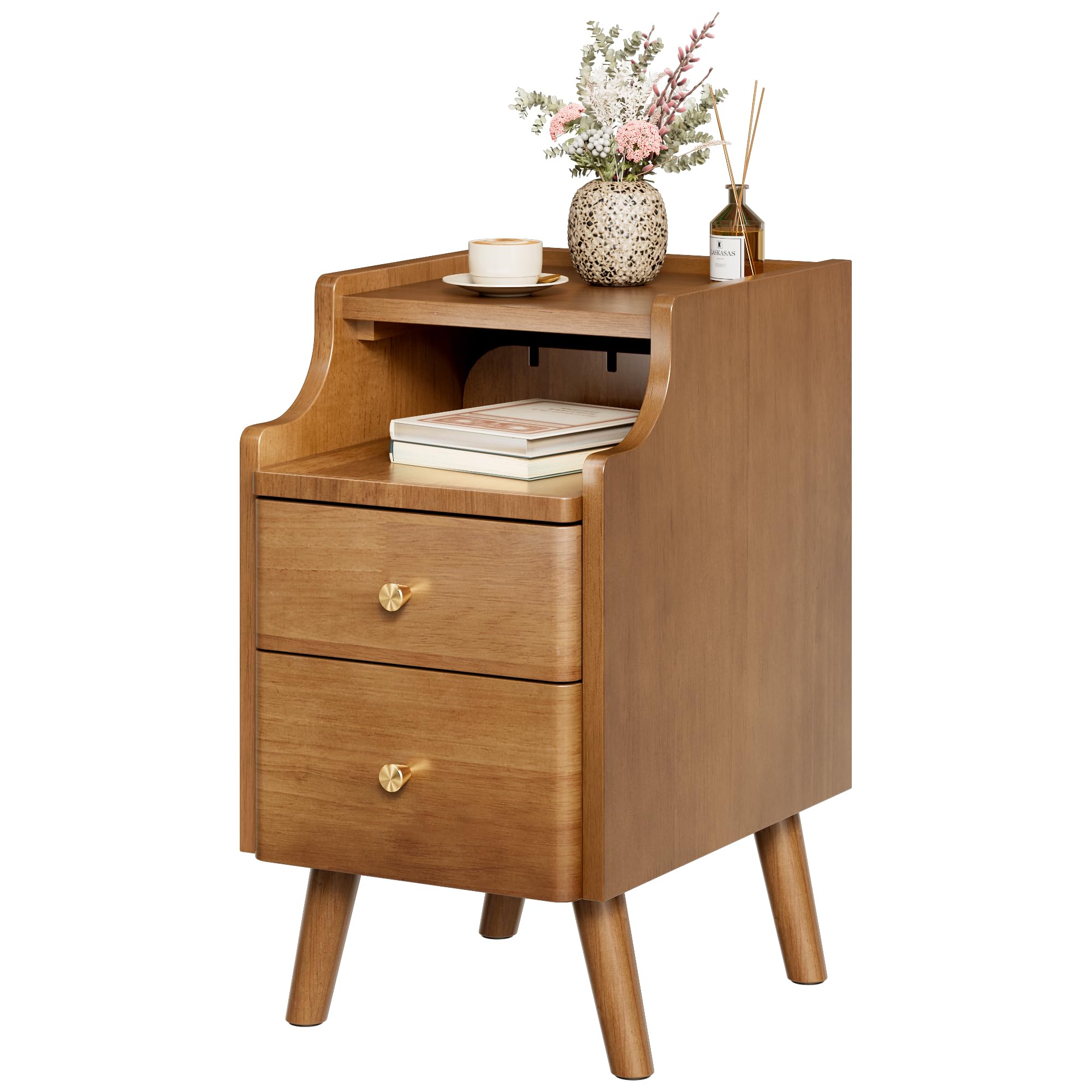 Front. Empire DigiLabs - Narrow Nightstand Solid Wood Night Stand With 2 Drawers Mid Century Modern Beside Table Open Storage Shelf ... - Walnut.