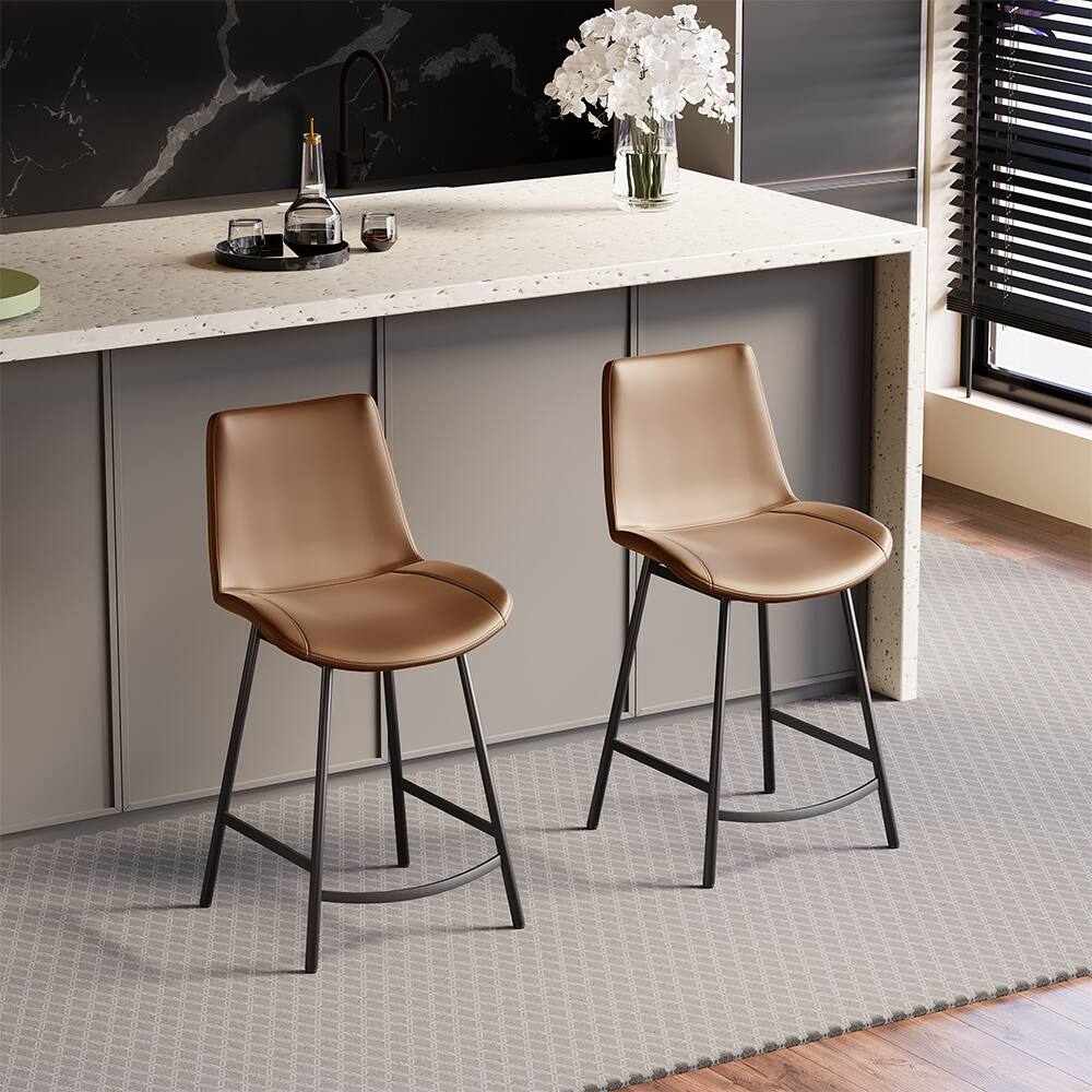 Angle. POVISON - 24" Brown Counter Height Bar Stools Set of 2, Height PU Leather Bar Stools with Back and Metal Legs for Kitchen Island - Brown PU Leather.
