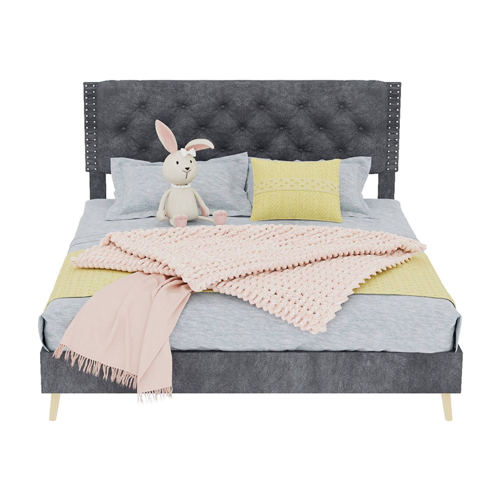 Alt View 4. Loheer - Loheer Gray Velvet Queen Bed Frame Sturdy Upholstered Platform Bed - Grey.