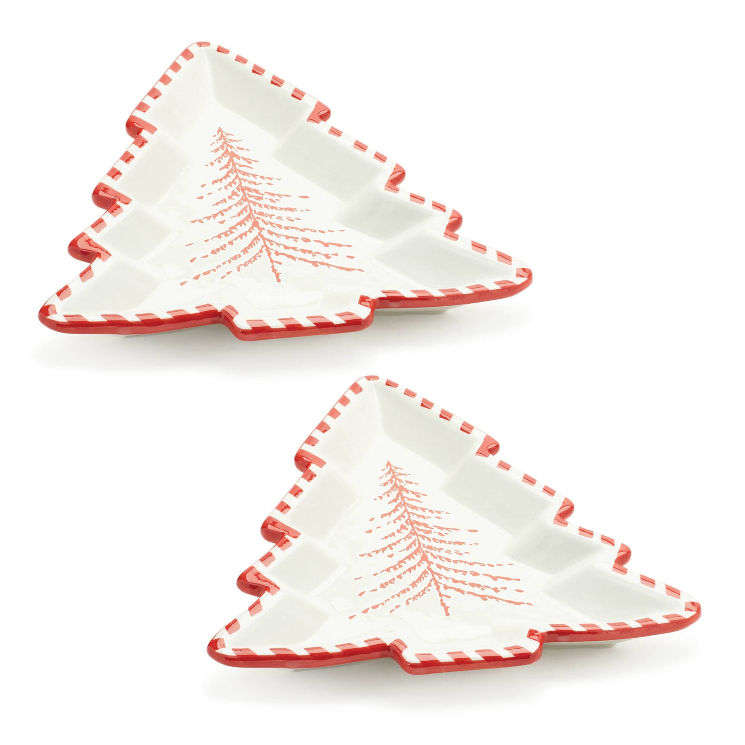 Back. BreeBe - Ceramic Pine Tree Platter (Set of 2) - Beige, Red.