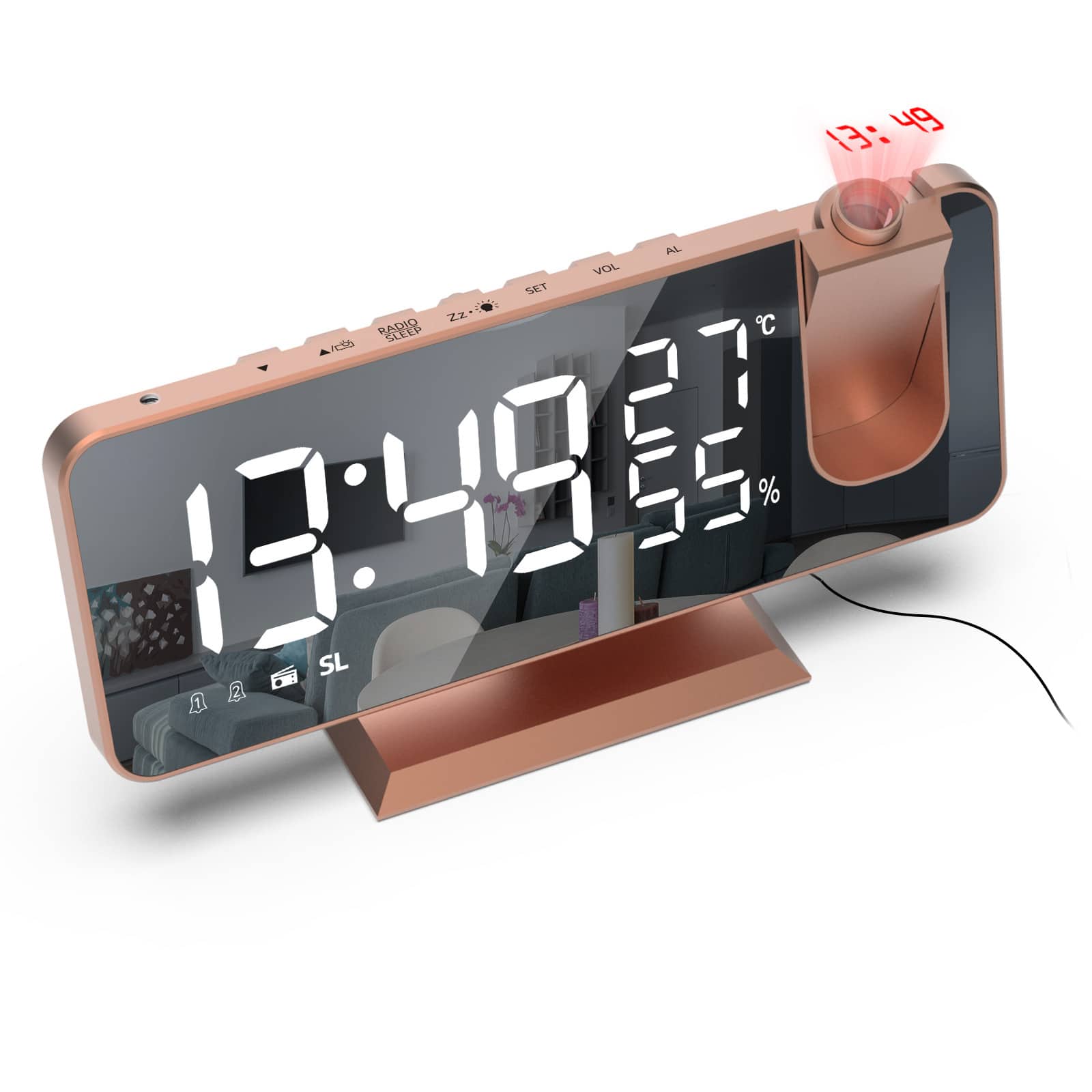 Auledio - Ceiling projection alarm clock,digital clock,temperature and humidity display,LED display - Rose Gold