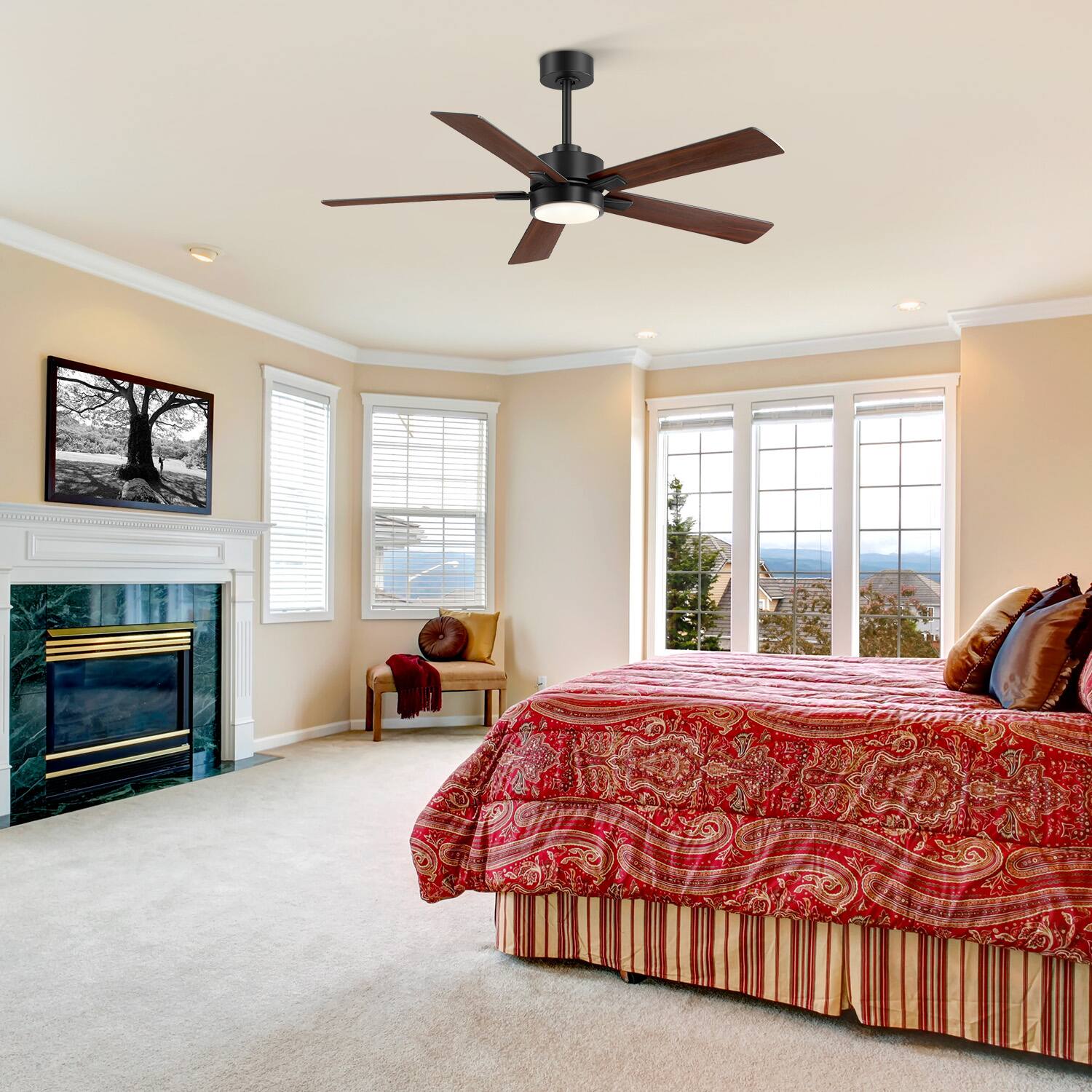 Alt View 8. Breezary - 52" Modern Indoor Ceiling Fan with LED Light, 5 Reversible Plywood Blades, 6-Speed DC Motor, Remote, Timer, 5" Downrod - Matte Black and Two-tone Wood Grain.