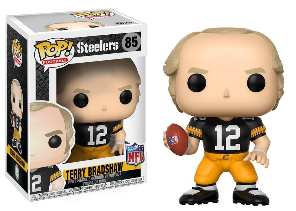 Sure, here is the corrected and grouped text from the image:

---

**Front of the Box:**
- POP! FOOTBALL
- Steelers 85
- Terry Bradshaw
- 12
- NFL
- VINYL FIGURE / FIGURINE / FIGURA DE VINIL / FIGURA DE VINIL
- WARNING: CHOKING HAZARD - Small parts. Not for children under 3 years.

**Side of the Box:**
- Terry Bradshaw
- 85
- 12

**Bottom of the Box:**
- WARNING: CHOKING HAZARD - Small parts. Not for children under 3 years.
- © 2021 Funko

---