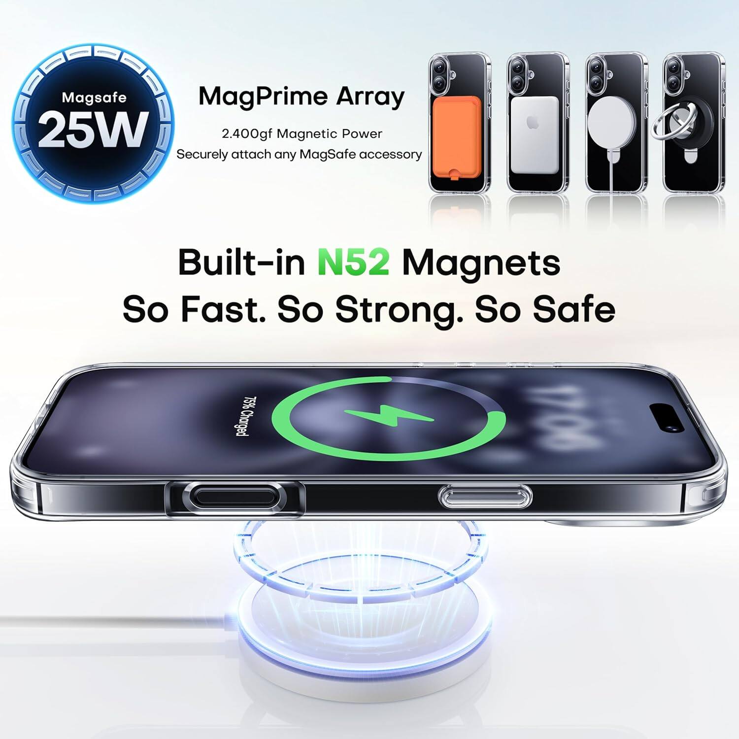 Magsafe MagPrime Array 25W, 2.400gf Magnetic Power, Securely attach any MagSafe accessory, Built-in N52 Magnets, So Fast. So Strong. So Safe, %SL Charged W
