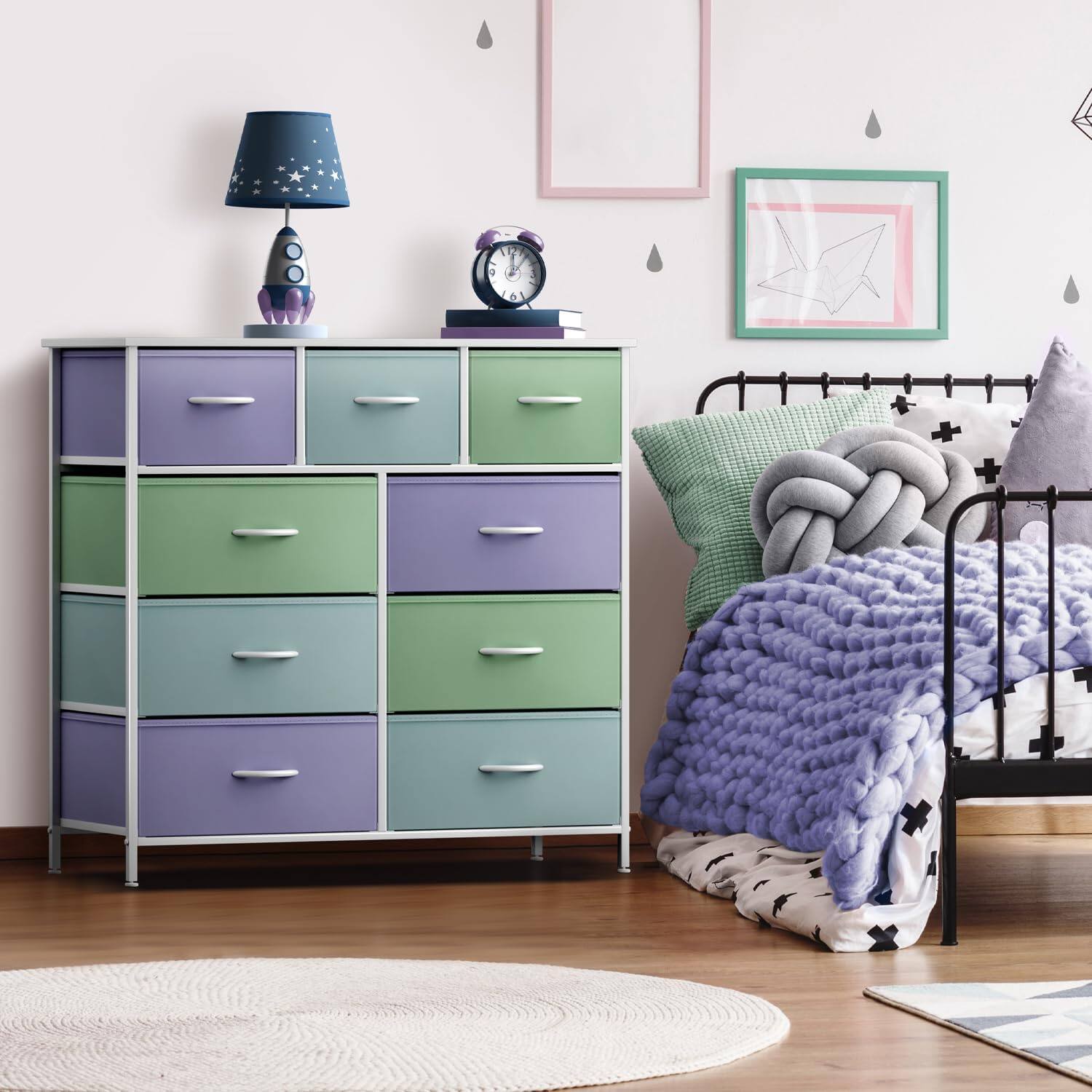Angle. Sorbus - Sorbus 9 Drawers Dresser - Furniture Storage for Bedroom, Closet, and More - Steel Frame, Wood Top, Fabric Bins - Pastel Combo.