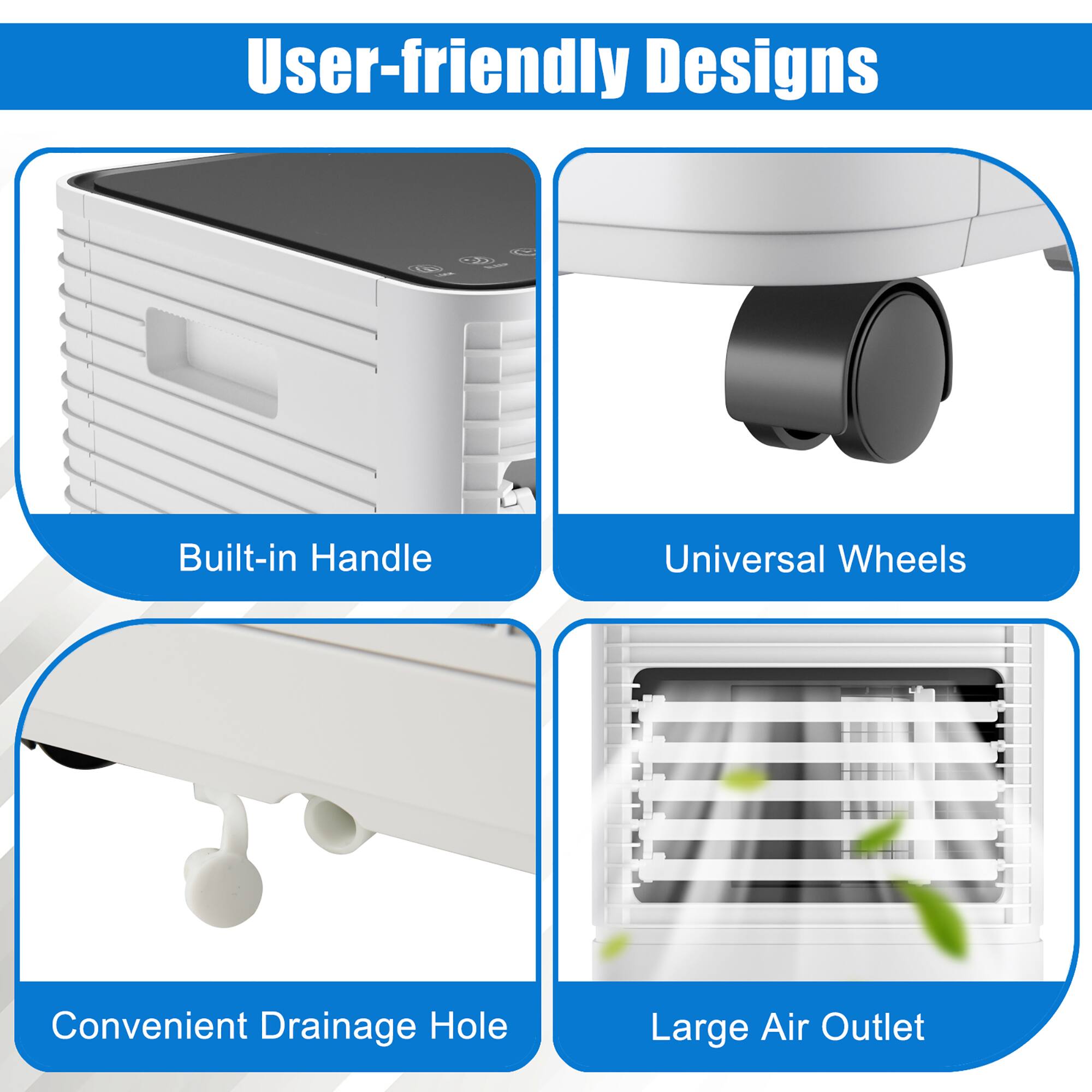 User-friendly Designs: Built-in Handle, Universal Wheels, Convenient Drainage Hole, Large Air Outlet