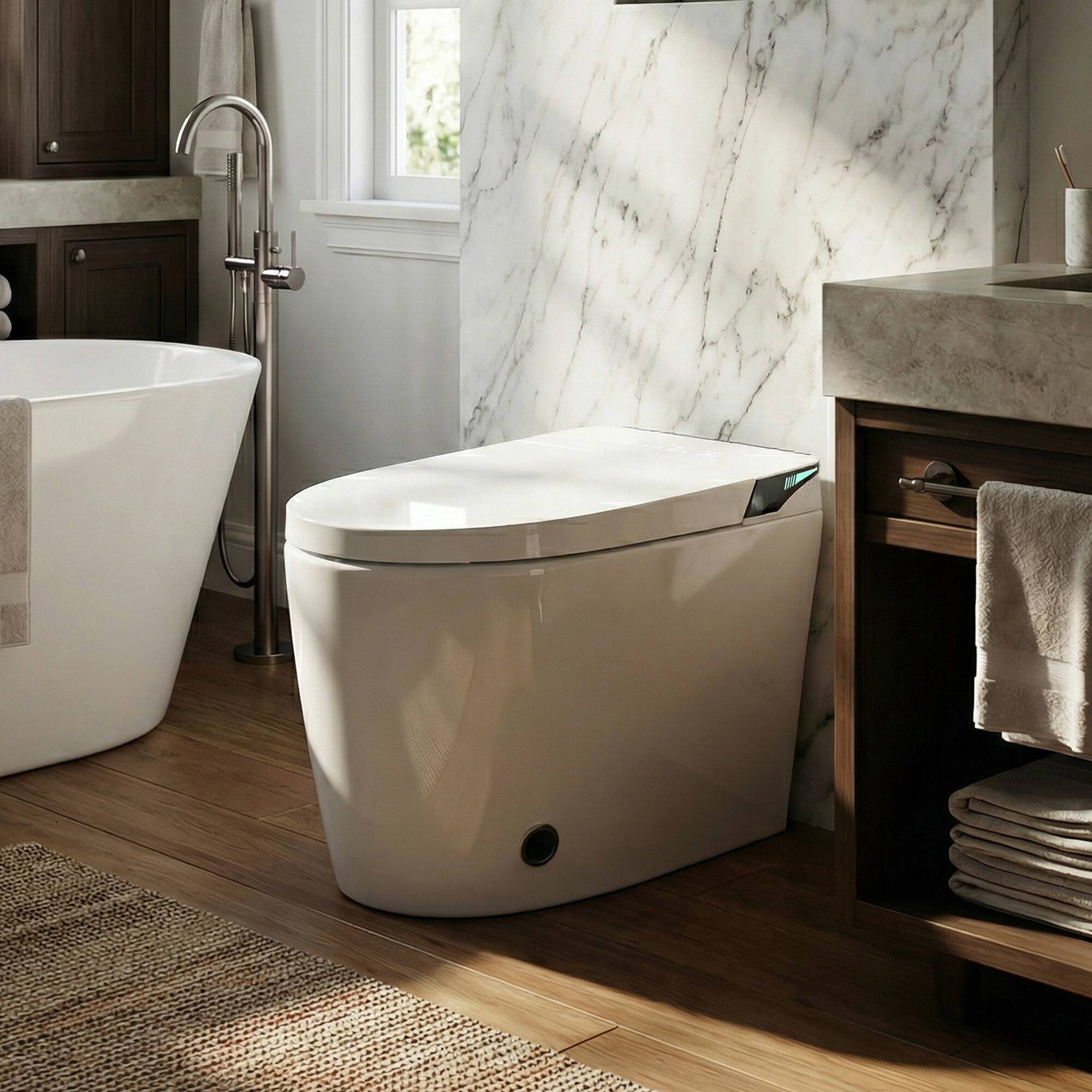 Left. TOTTE - Smart Toilet with Auto Open Lid & Foot Sensor - Intelligent One-Piece Bidet Toilet,Heated Seat Warm Water Wash Air Dryer - White.