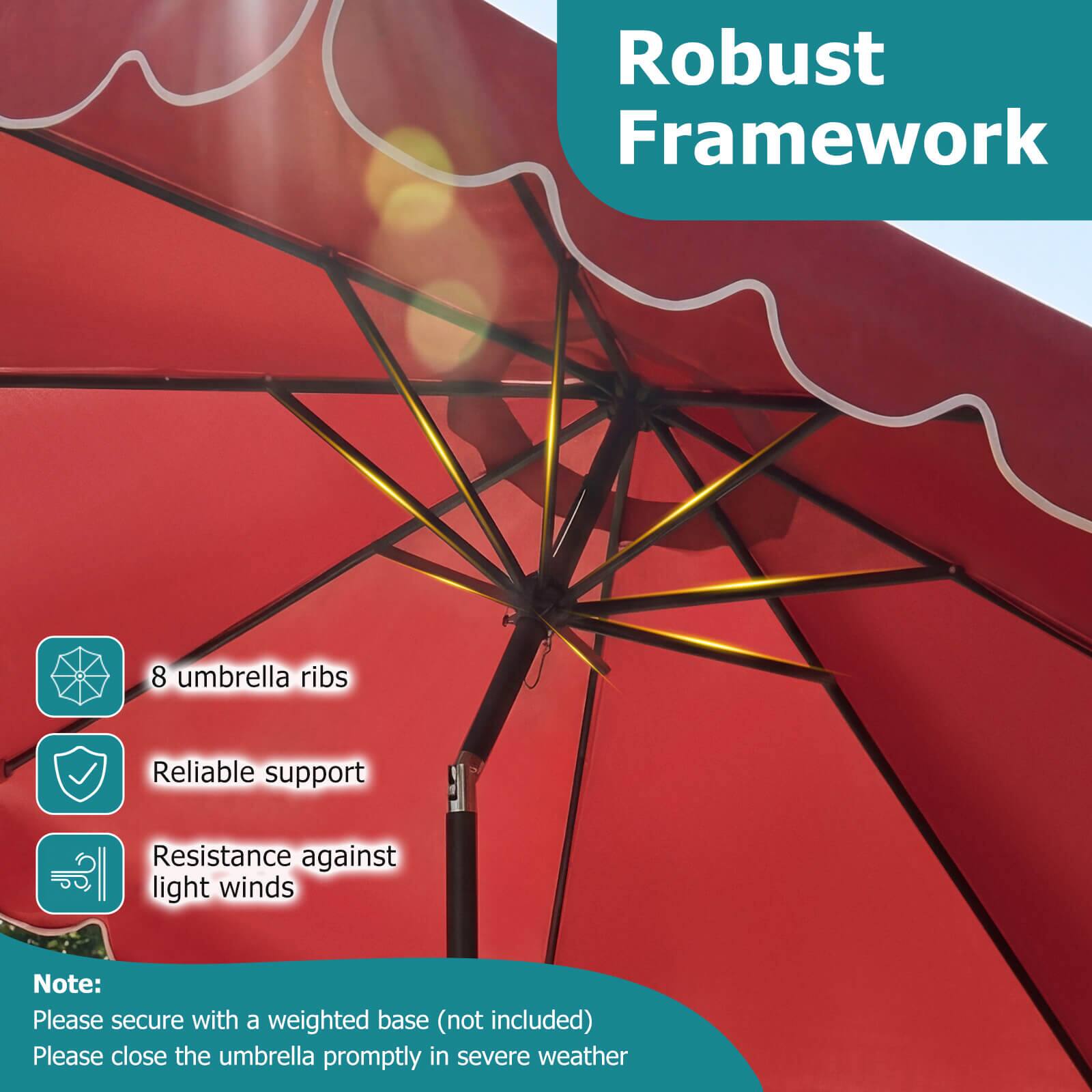Robust Framework

- 8 umbrella ribs
- Reliable support
- Resistance against light winds

Note: Please secure with a weighted base (not included). Please close the umbrella promptly in severe weather.
