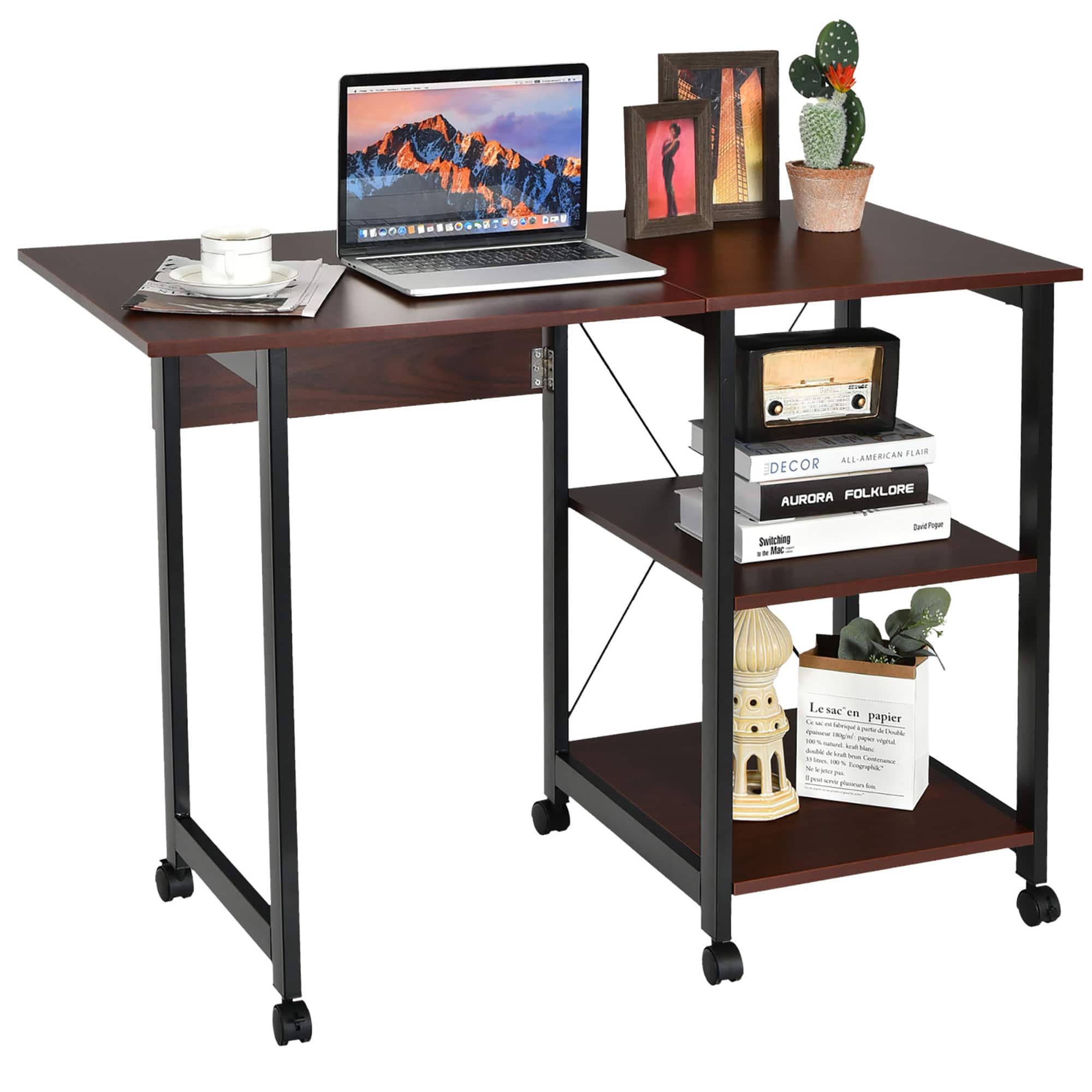 Costway - Rolling Computer Desk Folding Writing Office Desk w/ Storage Shelves - Brown price history on PriceWatchPro