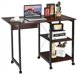 Costway - Rolling Computer Desk Folding Writing Office Desk w/ Storage Shelves - Brown