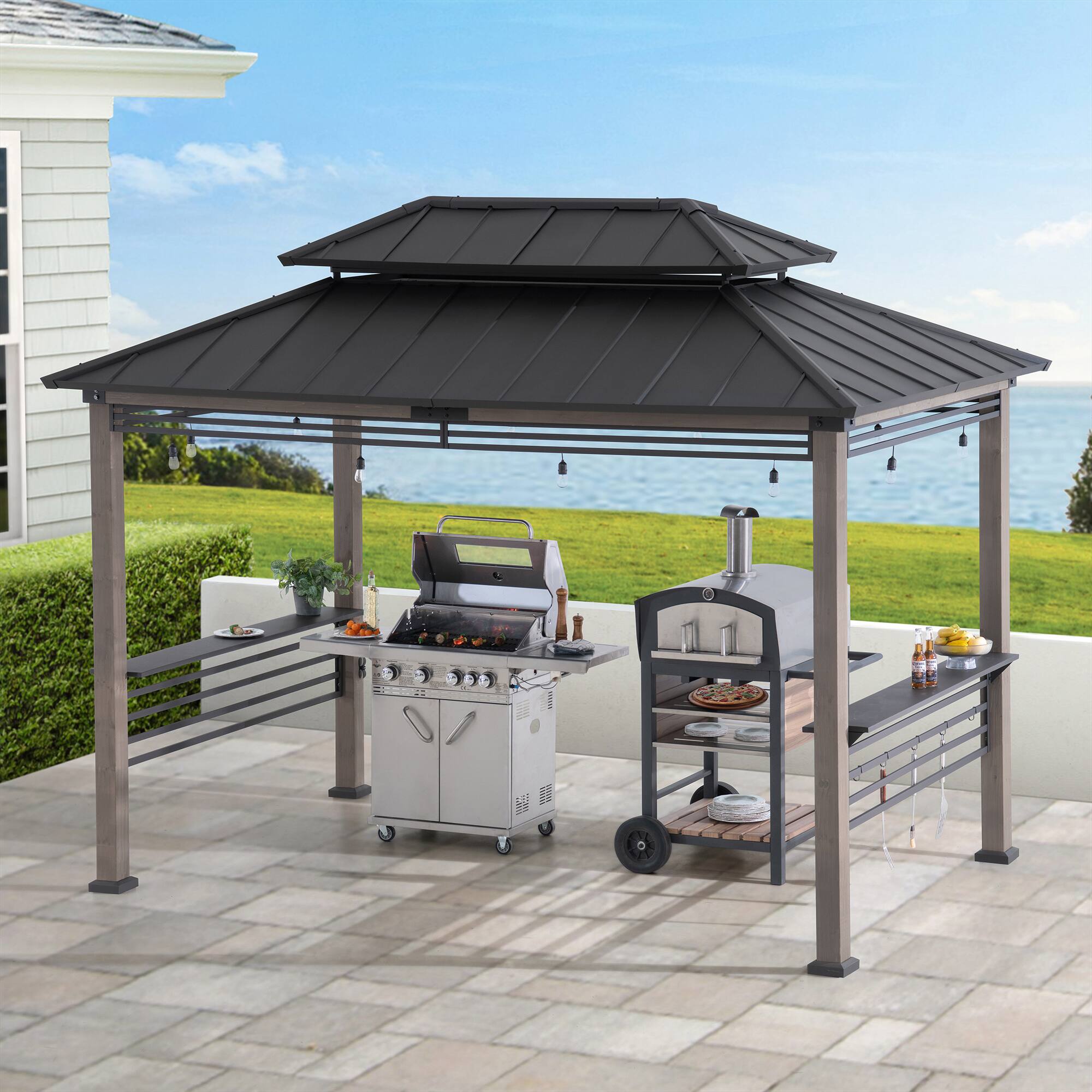 Angle. SUNJOY - Sunjoy 8ft. x 12 ft. Aspen Cedar Framed Grill Gazebo with exclusive AC Power Port Black - Aspen Cedar+AC Power Port+Black.