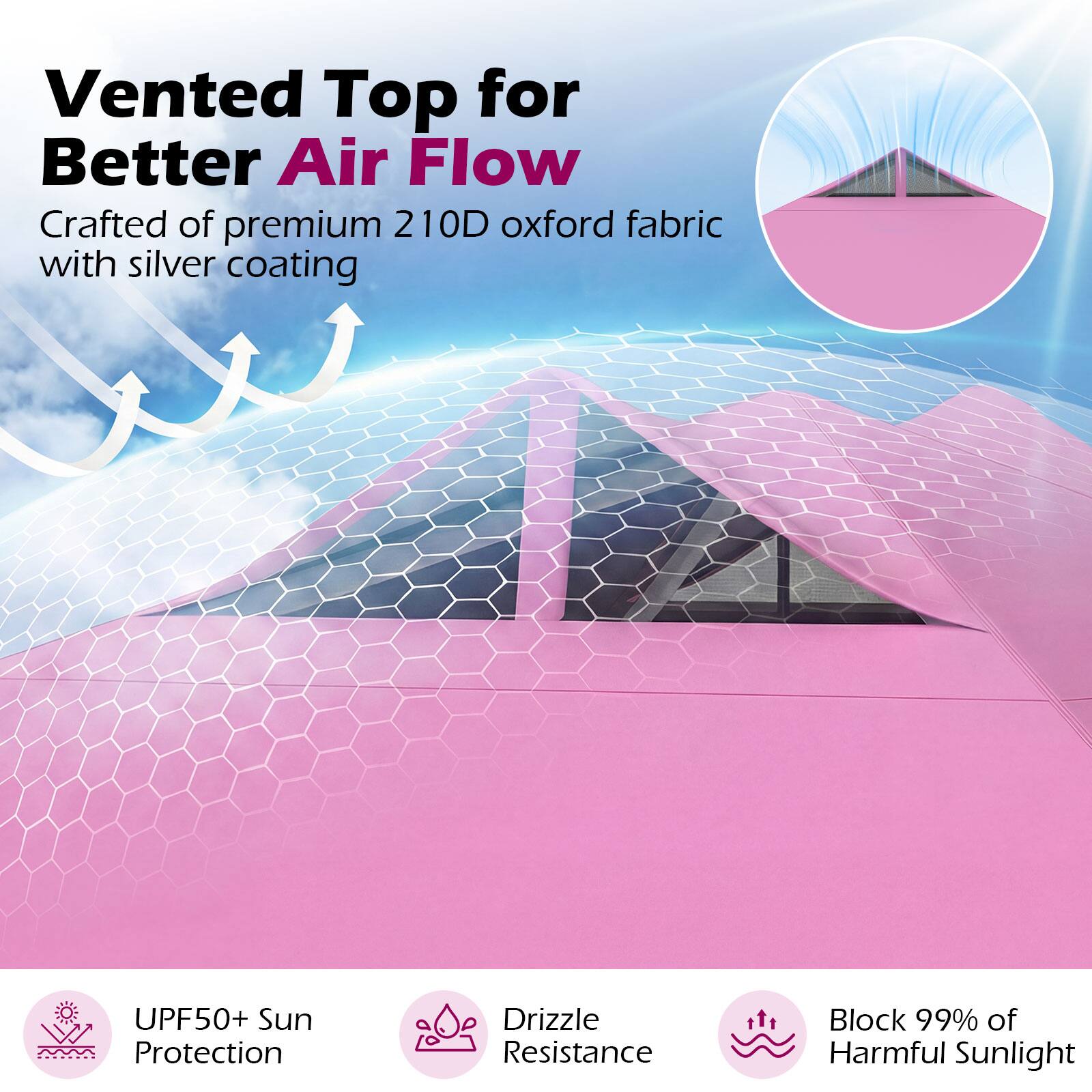 Vented Top for Better Air Flow  
Crafted of premium 210D oxford fabric with silver coating  

UPF50+ Sun Protection  
Drizzle Resistance  
Block 99% of Harmful Sunlight