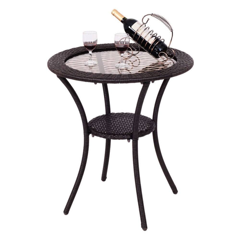 Left. Pefilos - Round Rattan Wicker Coffee Table with Lower Shelf, Round Table with Solid Structure, Table with Removable Tempered Table - Brown.