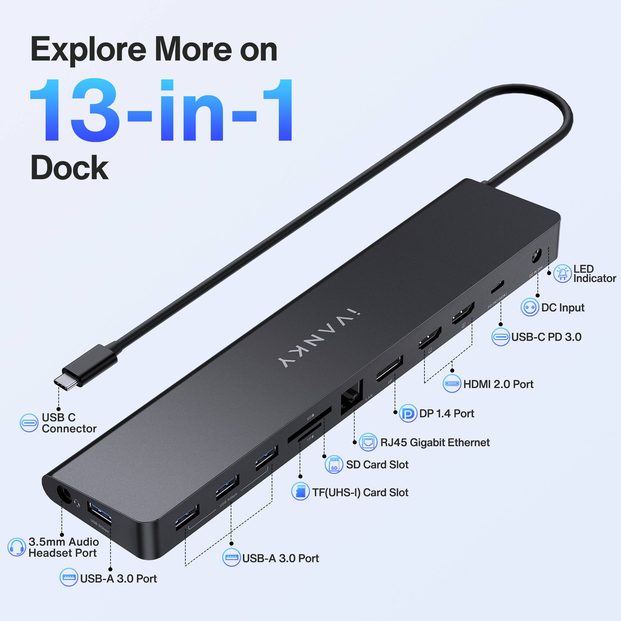 Explore More on  
13-in-1 Dock

- USB C Connector
- LED Indicator
- DC Input
- USB-C PD 3.0
- HDMI 2.0 Port
- DP 1.4 Port
- RJ45 Gigabit Ethernet
- SD Card Slot
- TF(UHS-I) Card Slot
- 3.5mm Audio Headset Port
- USB-A 3.0 Port
- USB-A 3.0 Port