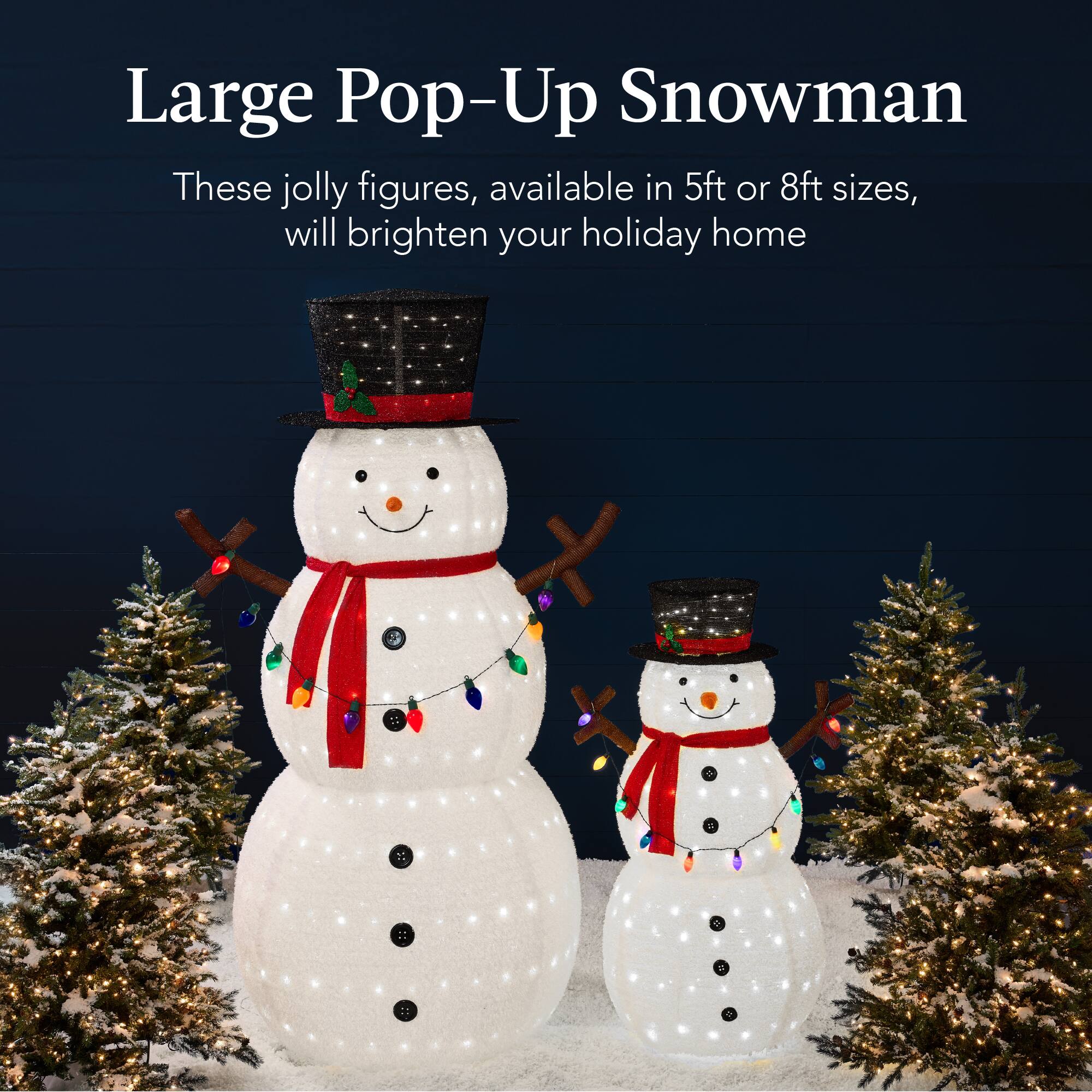 Large Pop-Up Snowman

These jolly figures, available in 5ft or 8ft sizes, will brighten your holiday home