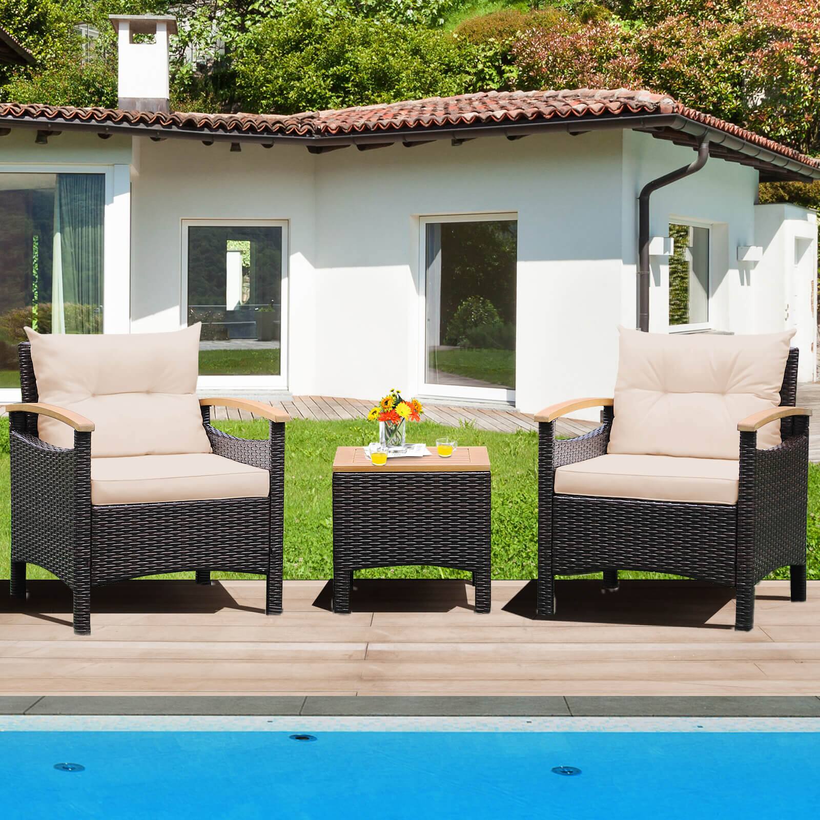 Alt View 3. Costway - 3PCS Patio Rattan Furniture Set Wooden Armrest Table Top Cushioned Deck - Mix Brown,Beige.