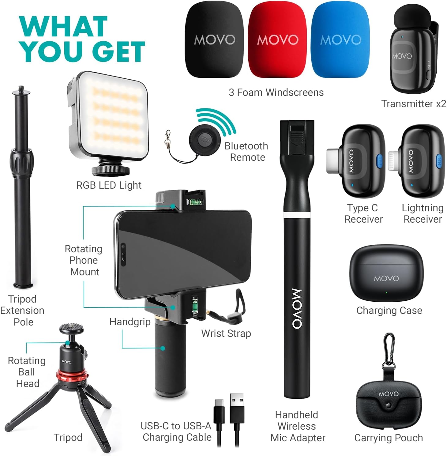 WHAT YOU GET

- RGB LED Light
- 3 Foam Windscreens
- Transmitter x2
- Bluetooth Remote
- Type C Receiver
- Lightning Receiver
- Tripod
- Rotating Ball Head
- Tripod Extension Pole
- Rotating Phone Mount
- Handgrip
- Wrist Strap
- Charging Case
- USB-C to USB-A Charging Cable
- Handheld Wireless Mic Adapter
- Carrying Pouch