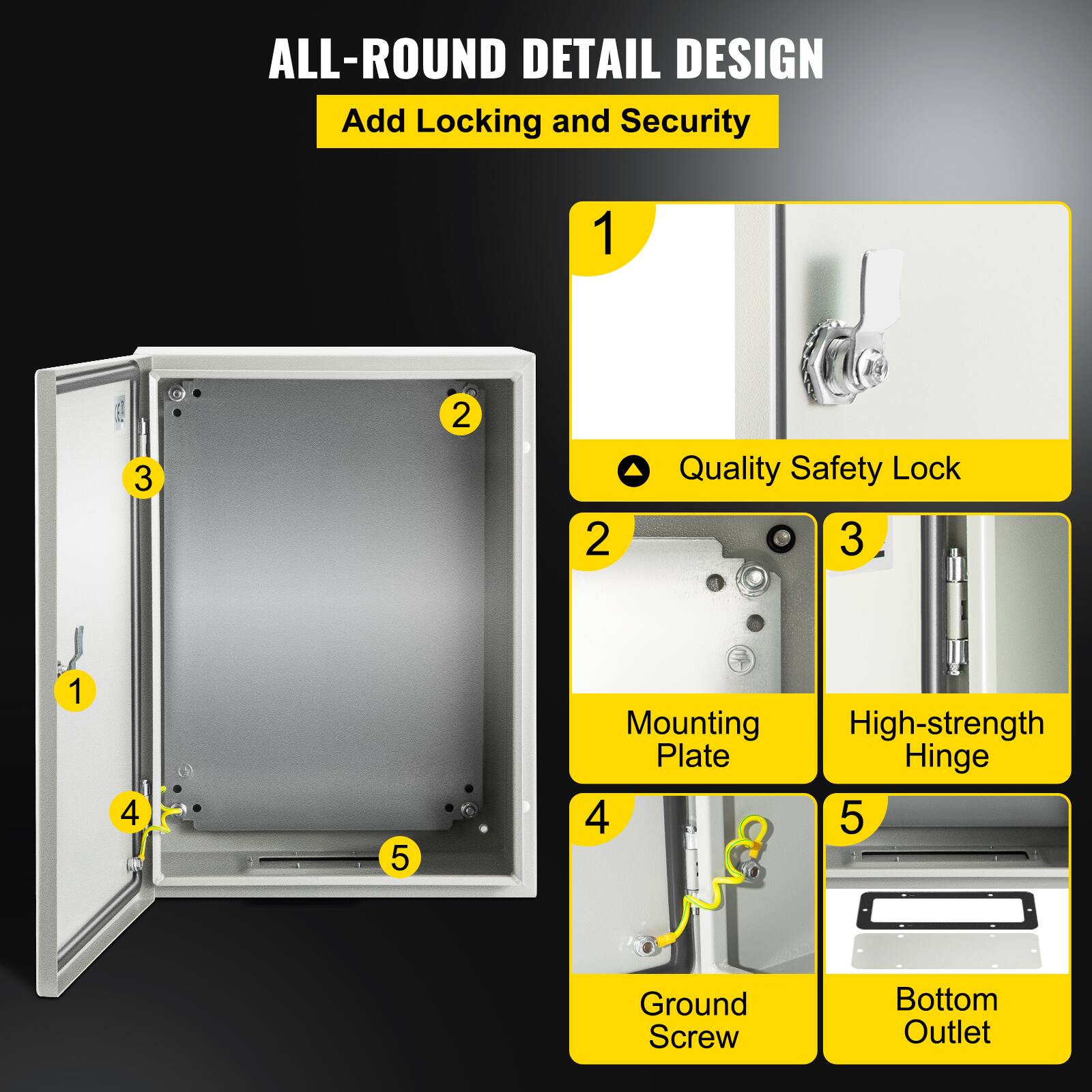 ALL-ROUND DETAIL DESIGN  
Add Locking and Security  

1. Quality Safety Lock  
2. Mounting Plate  
3. High-strength Hinge  
4. Ground Screw  
5. Bottom Outlet