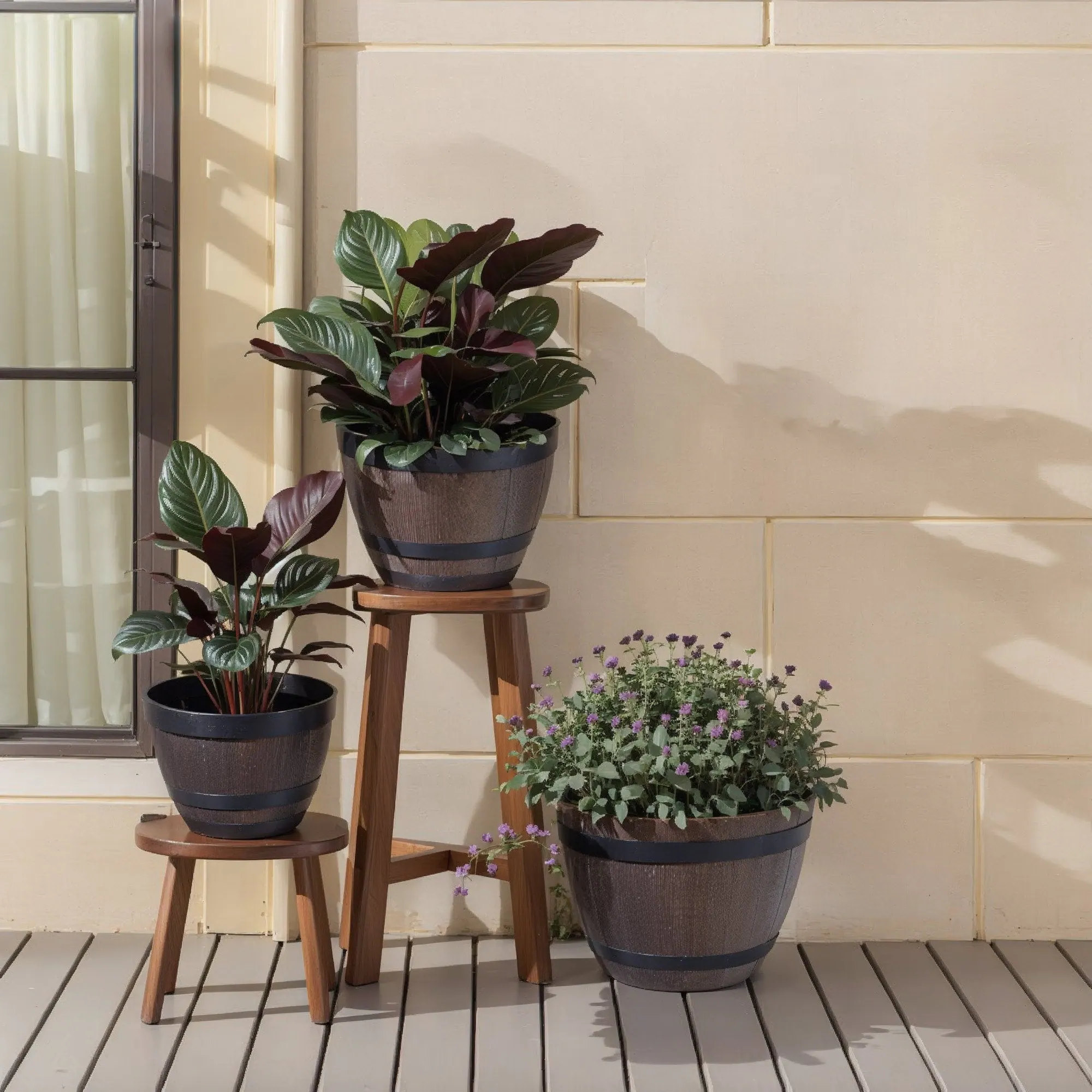 Alt View 3. Vecelo - Set Of 3 Rustic Whiskey Barrel Style Plant Pot with Drainage Holes and Saucer for Indoor Outdoor Garden Decor.