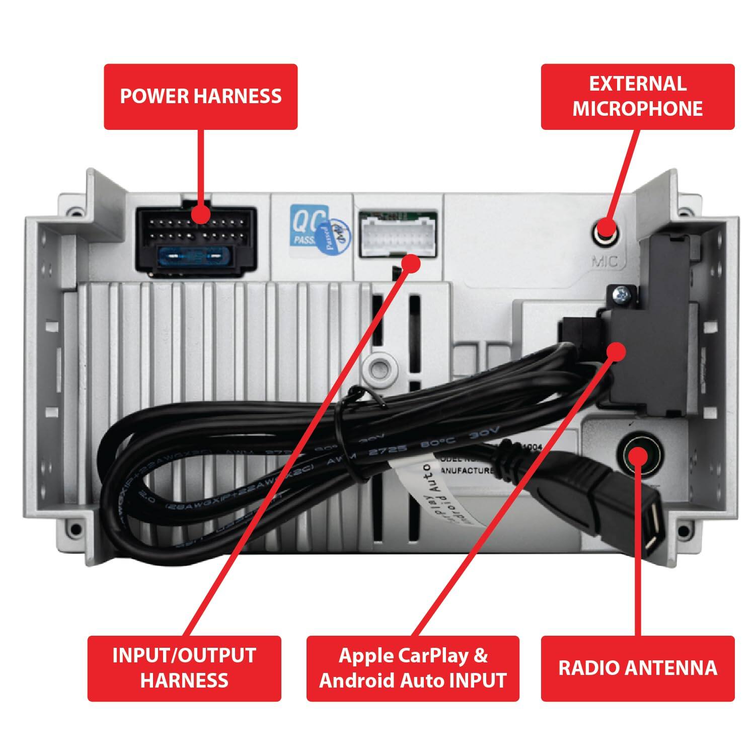 POWER HARNESS, EXTERNAL MICROPHONE, INPUT/OUTPUT HARNESS, Apple CarPlay & Android Auto INPUT, RADIO ANTENNA, QC PASS, MIC, 30V - BC - 272 AY, ANUFACTUR 2.0 EBAWSAPIREAW Auto 1904