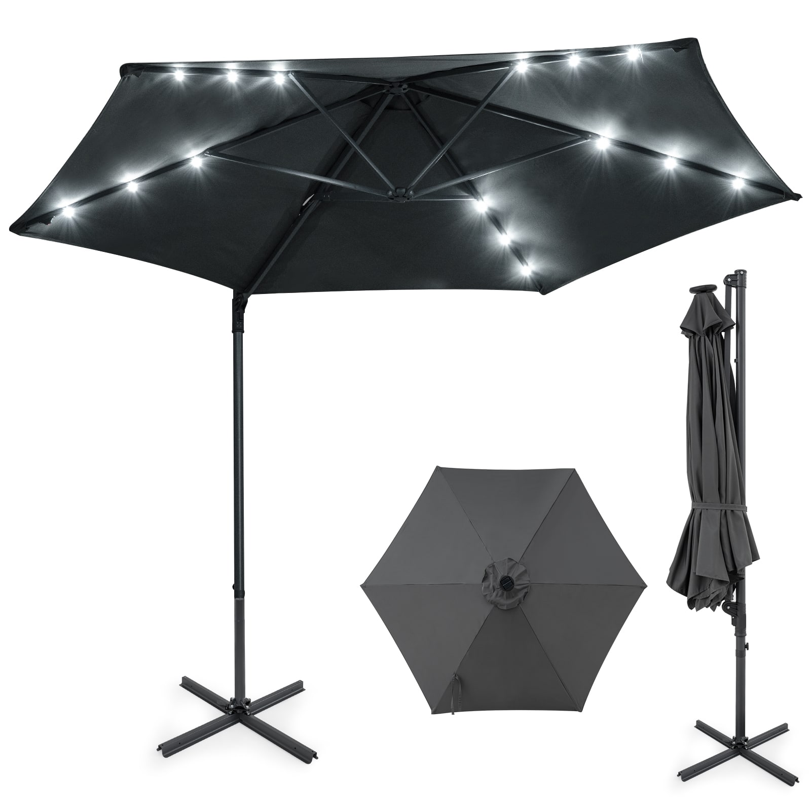 Costway - 10 FT Patio Cantilever Umbrella with Solar LED Lights, 360° Rotation, Air Vent - Gray