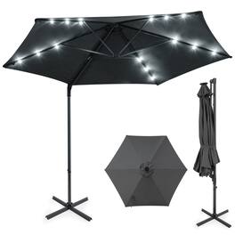 Costway - 10 FT Patio Cantilever Umbrella with Solar LED Lights, 360° Rotation, Air Vent - Gray