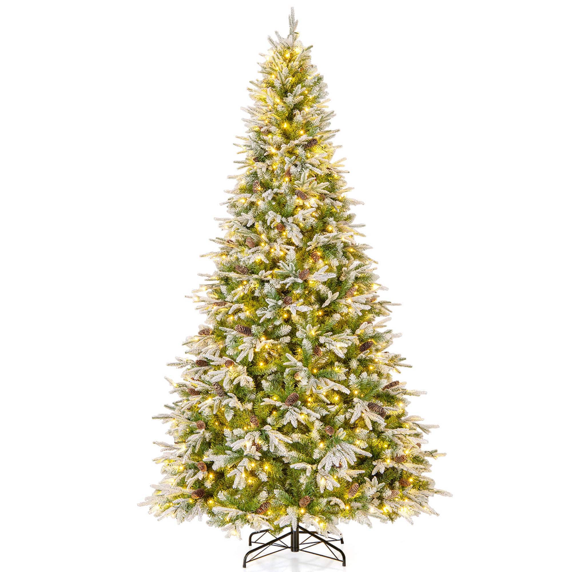 Costway - 9 FT Artificial Christmas Tree Hinged Xmas Tree with 1871 Branch Tips 690 Lights - Green,White