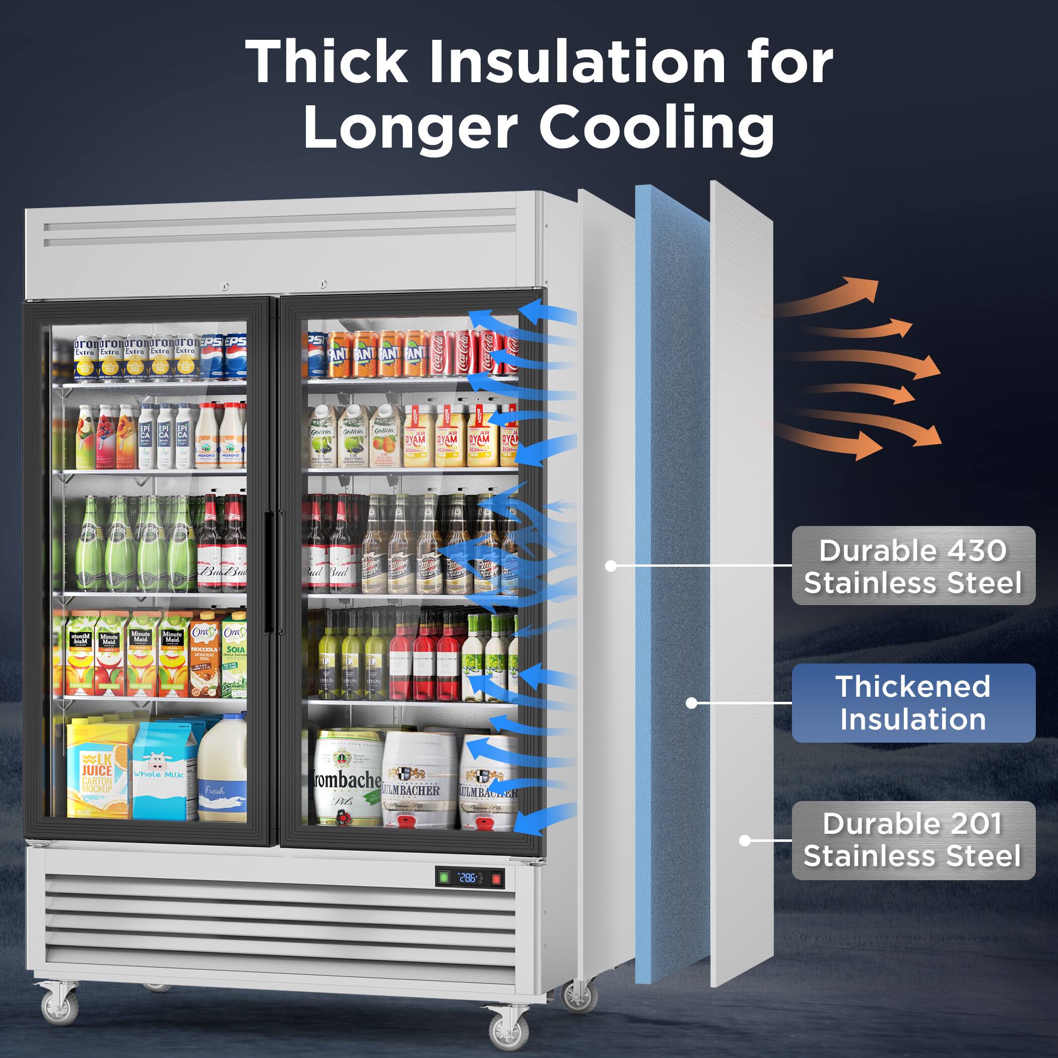 Thick Insulation for Longer Cooling

- Durable 430 Stainless Steel
- Thickened Insulation
- Durable 201 Stainless Steel