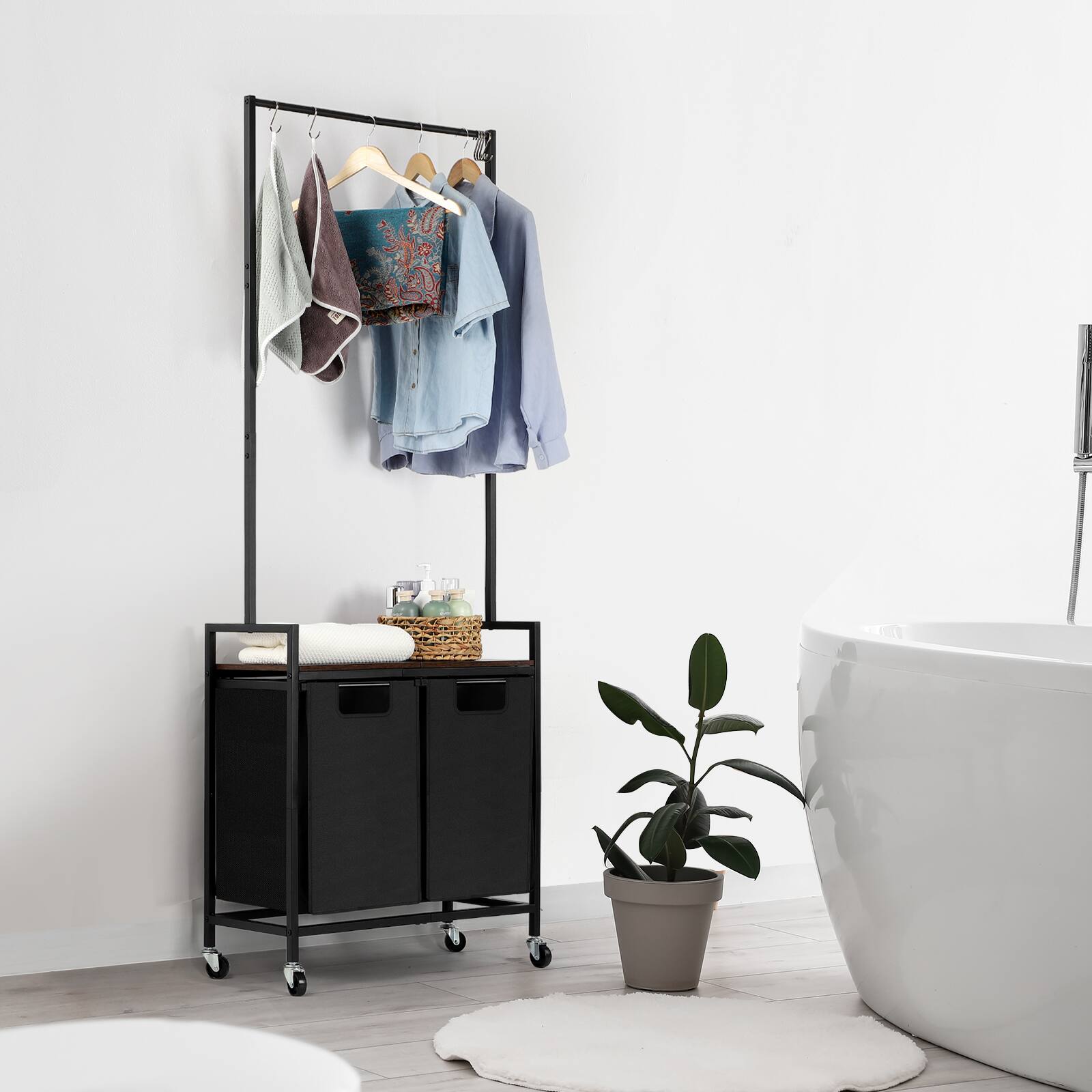 Alt View 2. Oumilen - 2-Bag Rolling Laundry Hamper with Clothes Rack – Metal Garment Rack with Hooks & Removable Bags,Brown - Brown.