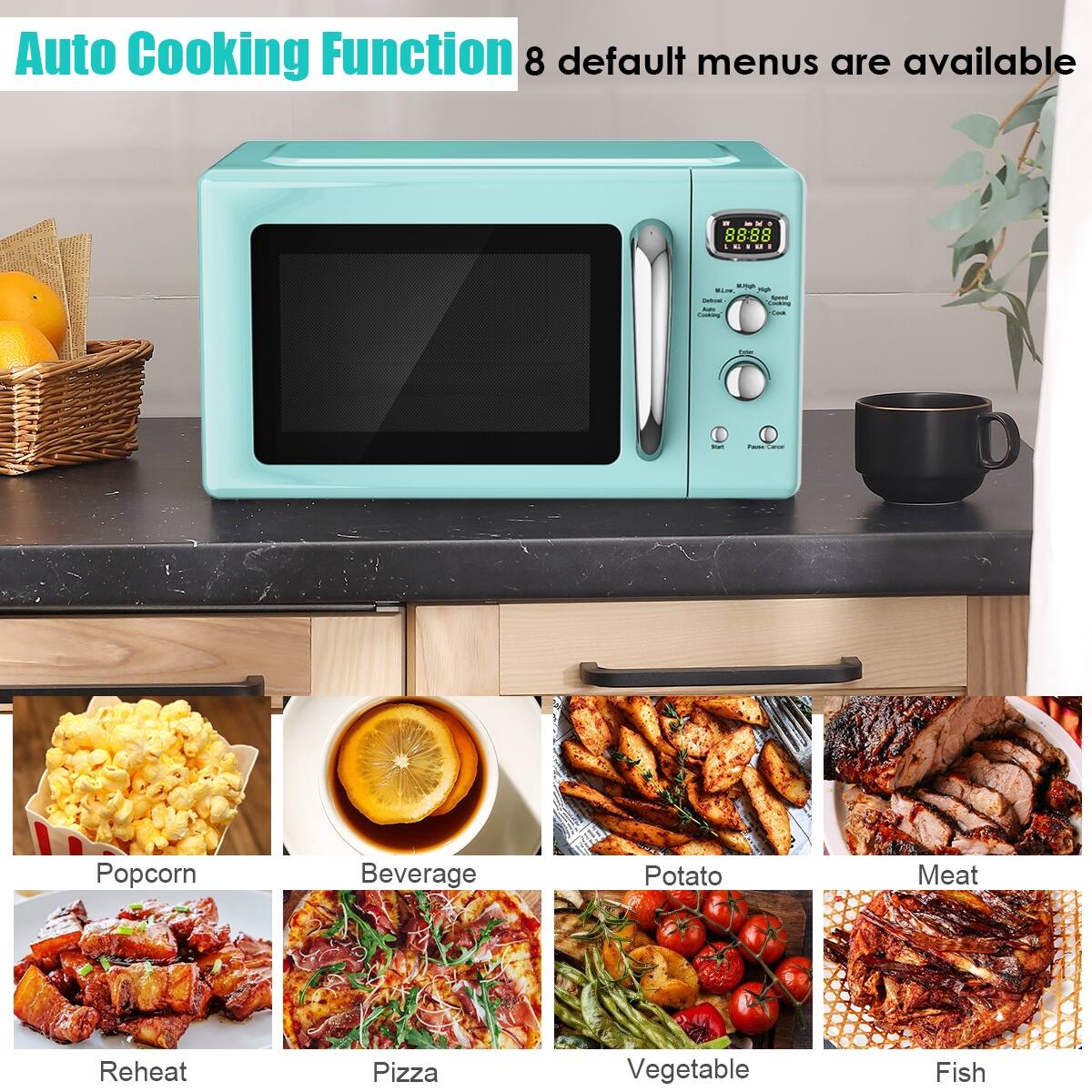 Auto Cooking Function 8 default menus are available - Popcorn Beverage Potato Meat Reheat Pizza Vegetable Fish