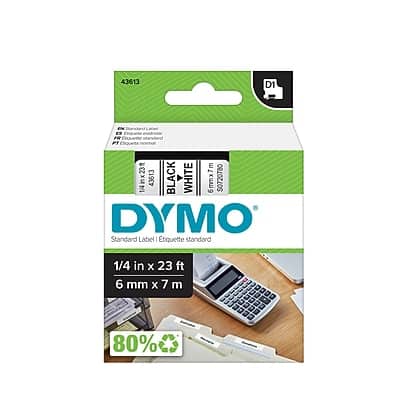 DYMO - D1 Standard 43613 Label Maker Tape, 1/4" x 23' - Black On White