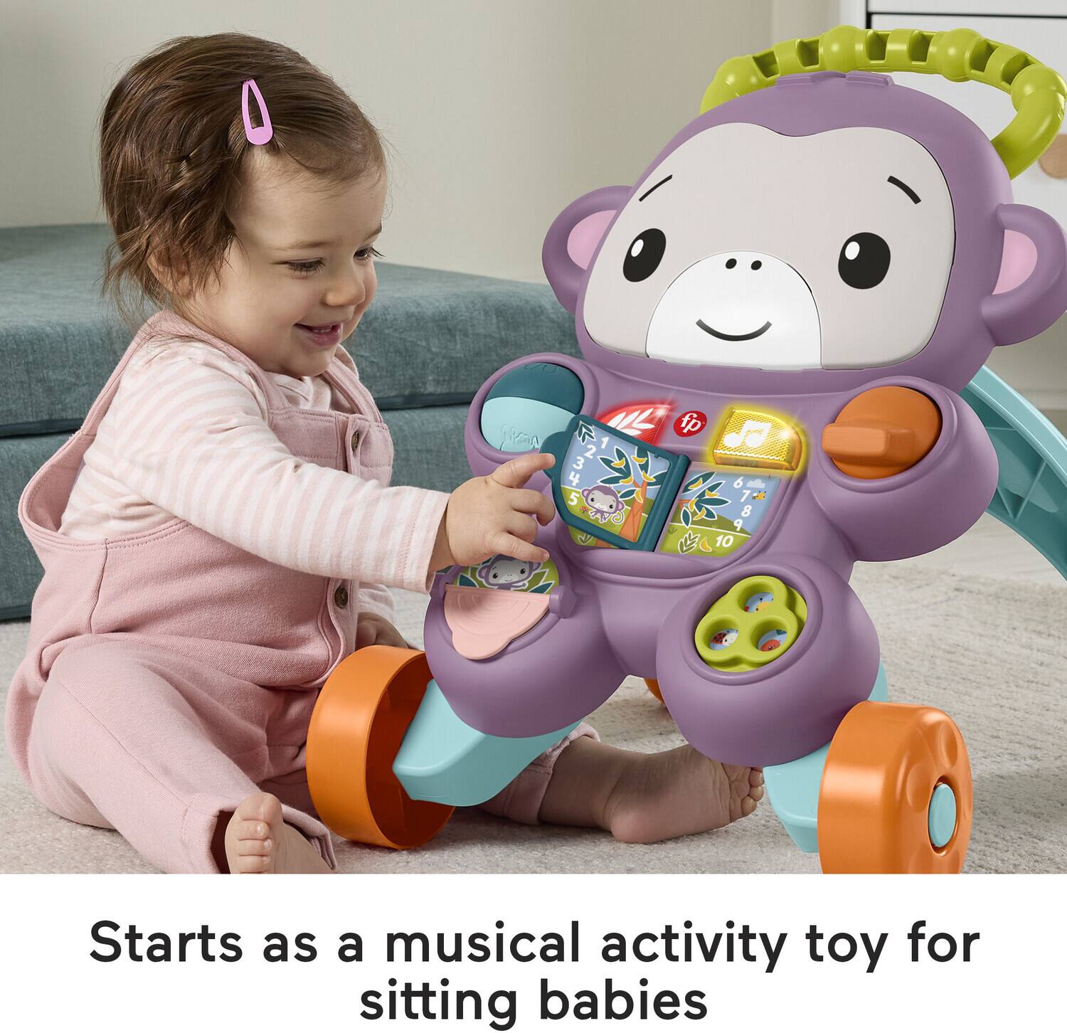 Starts as a musical activity toy for sitting babies