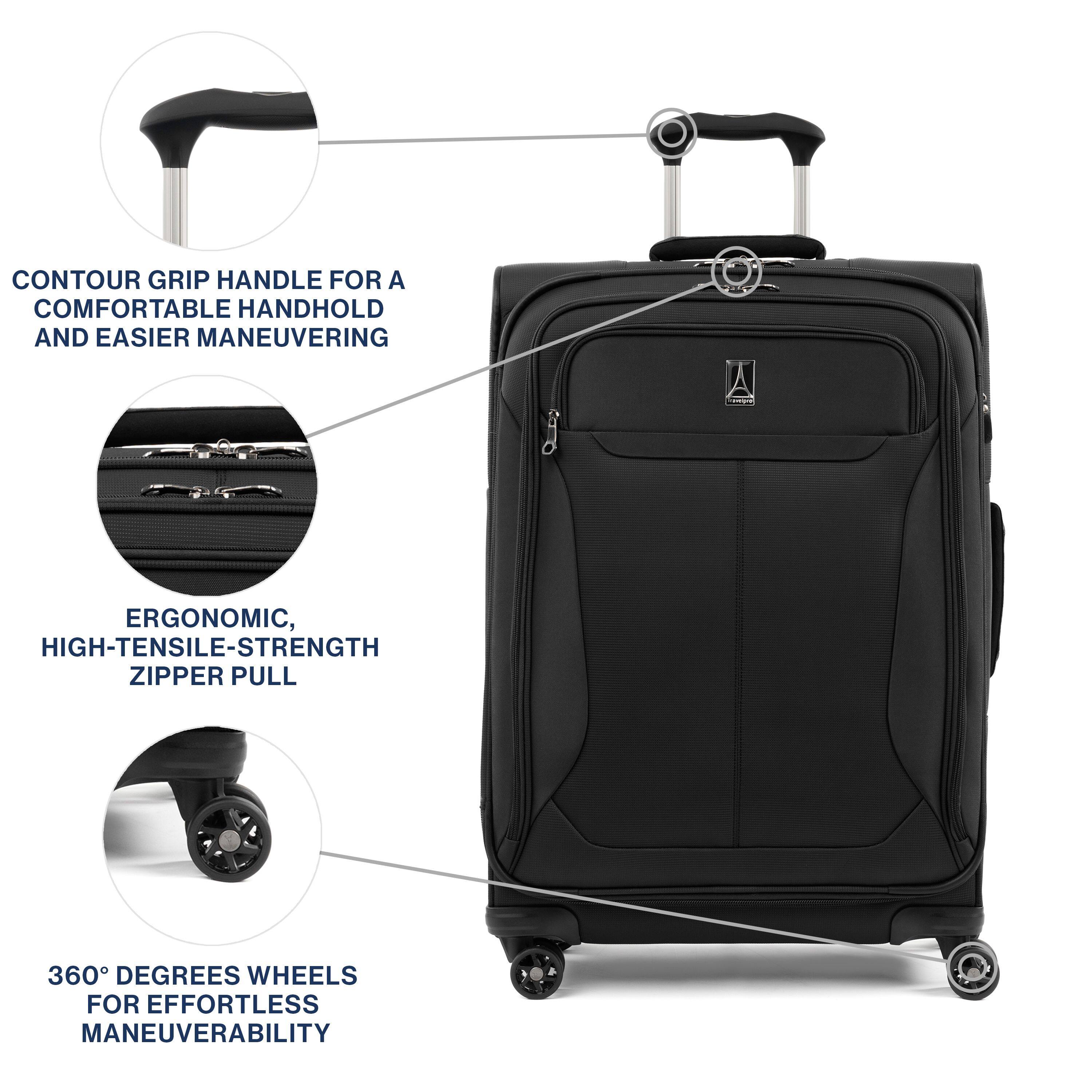 CONTOUR GRIP HANDLE FOR A COMFORTABLE HANDHOLD AND EASIER MANEUVERING

ERGONOMIC, HIGH-TENSILE-STRENGTH ZIPPER PULL

360° DEGREES WHEELS FOR EFFORTLESS MANEUVERABILITY