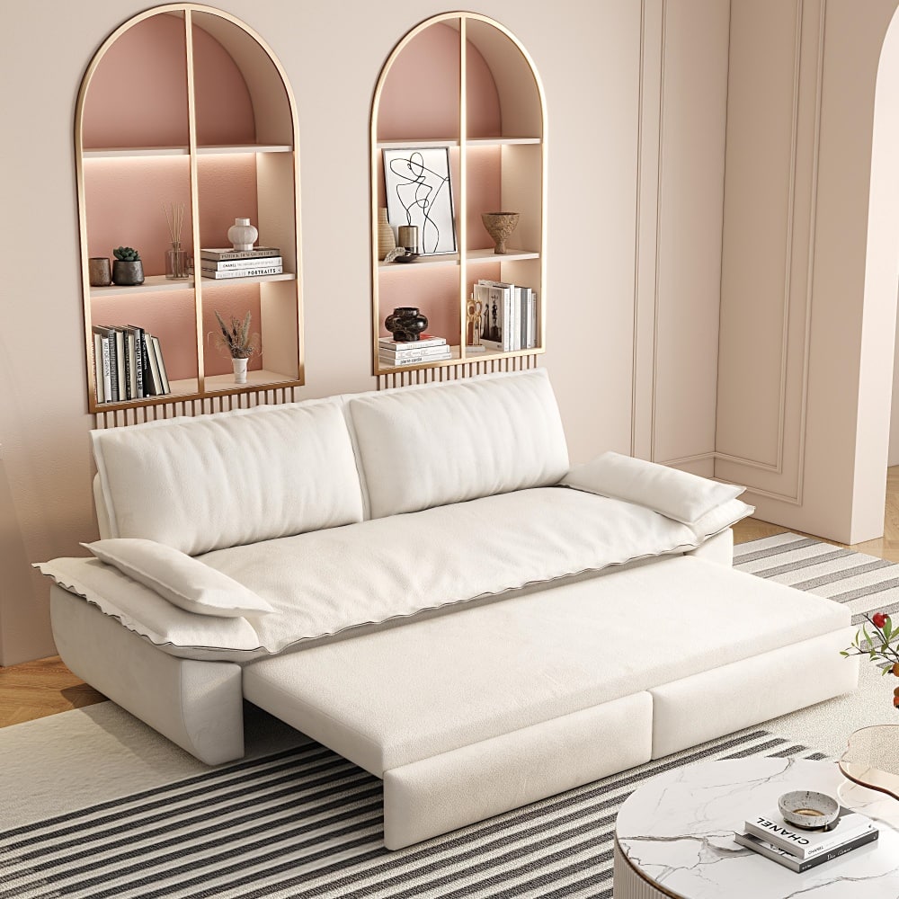 JUJABU - 73.2" Queen Pull Out Sofa Bed, 3-in-1 Convertible Sleeper Sofa, Velvet Loveseat Bed - Beige