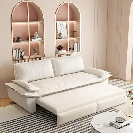 Front. JUJABU - 73.2" Queen Pull Out Sofa Bed, 3-in-1 Convertible Sleeper Sofa, Beige Velvet Loveseat Bed - Beige.