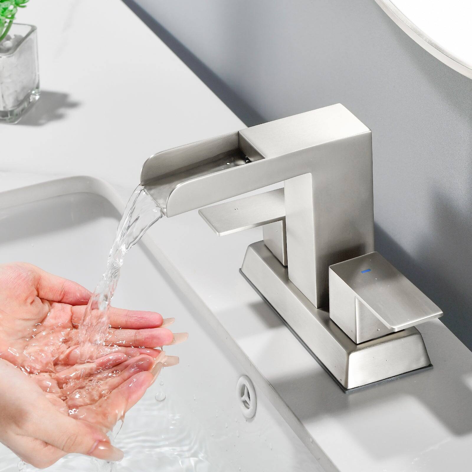 Alt View 4. Boyel Living - Brushed 4 Inch Centerset Faucet SUS304 Waterfall Spout 1.2GPM Dual Handle Pop Up Drain - Brushed Nickel.